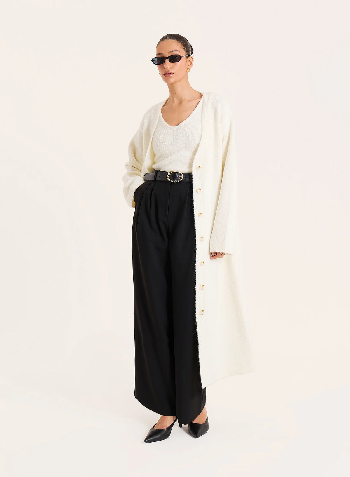 Cream Knitted Button Up Longline Cardigan