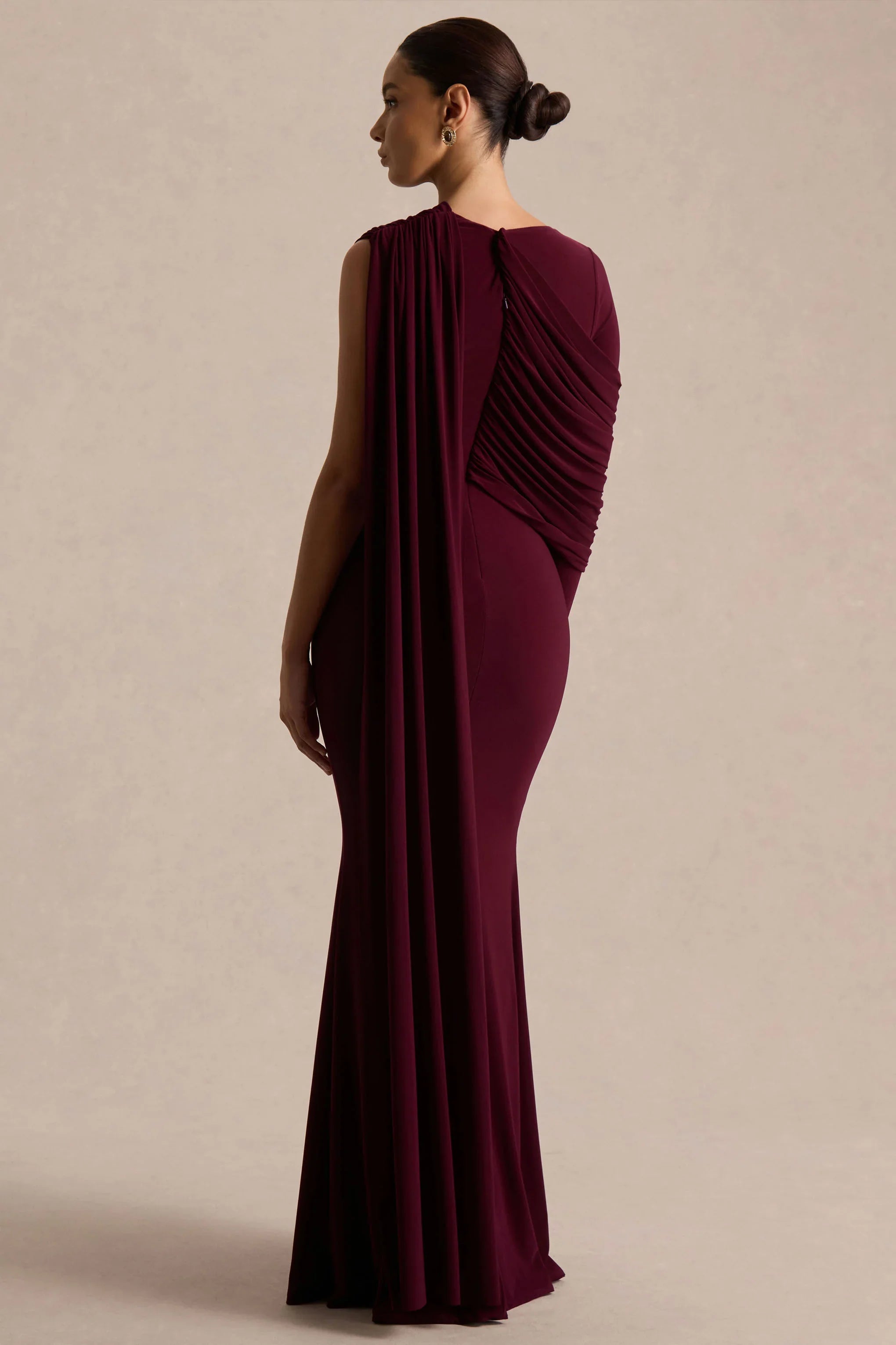 Rubelle Burgundy Asymmetric Neck Maxi Dress With Draped Detailing