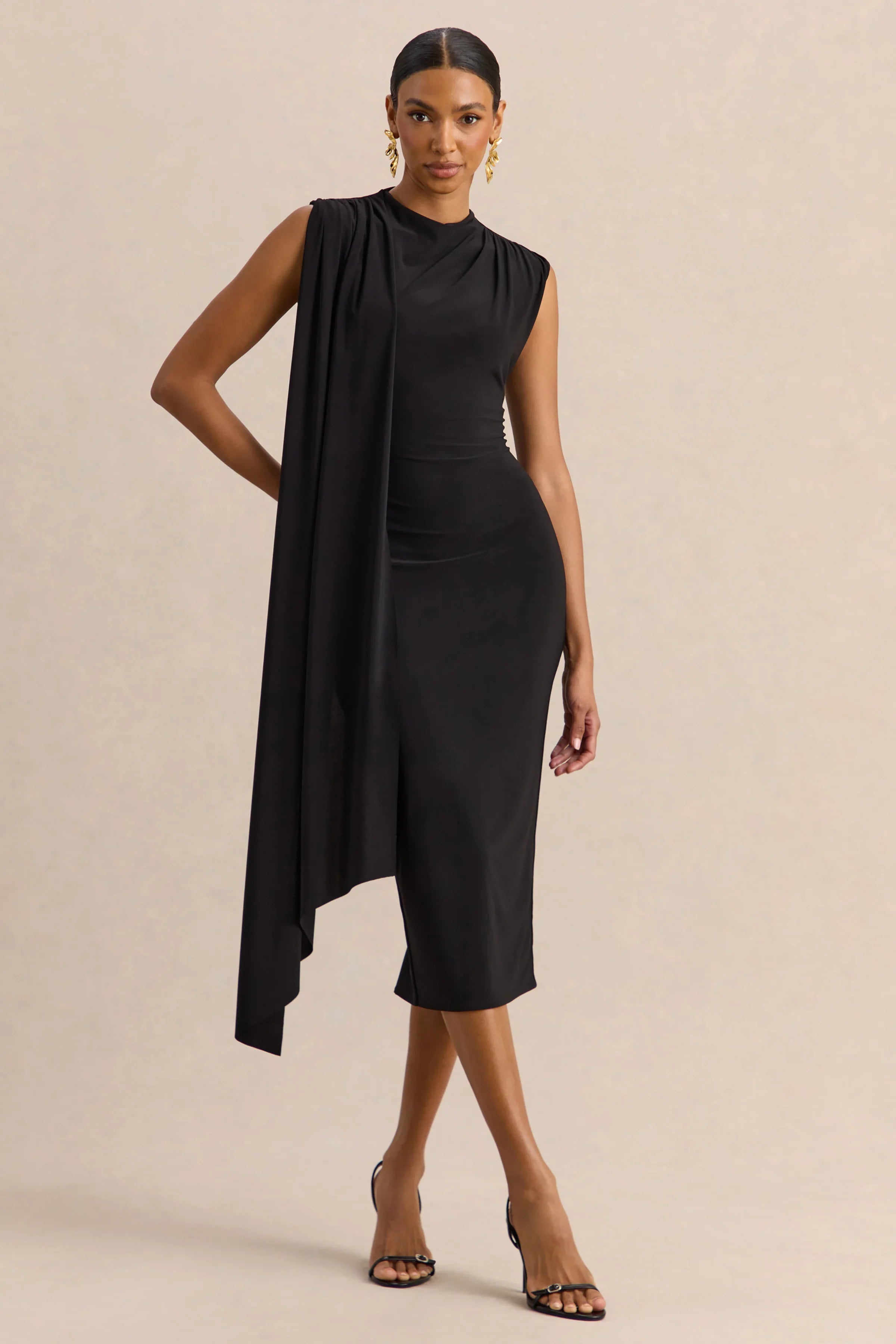 Oleandra Black High Neck Midi Dress With Draped Detail