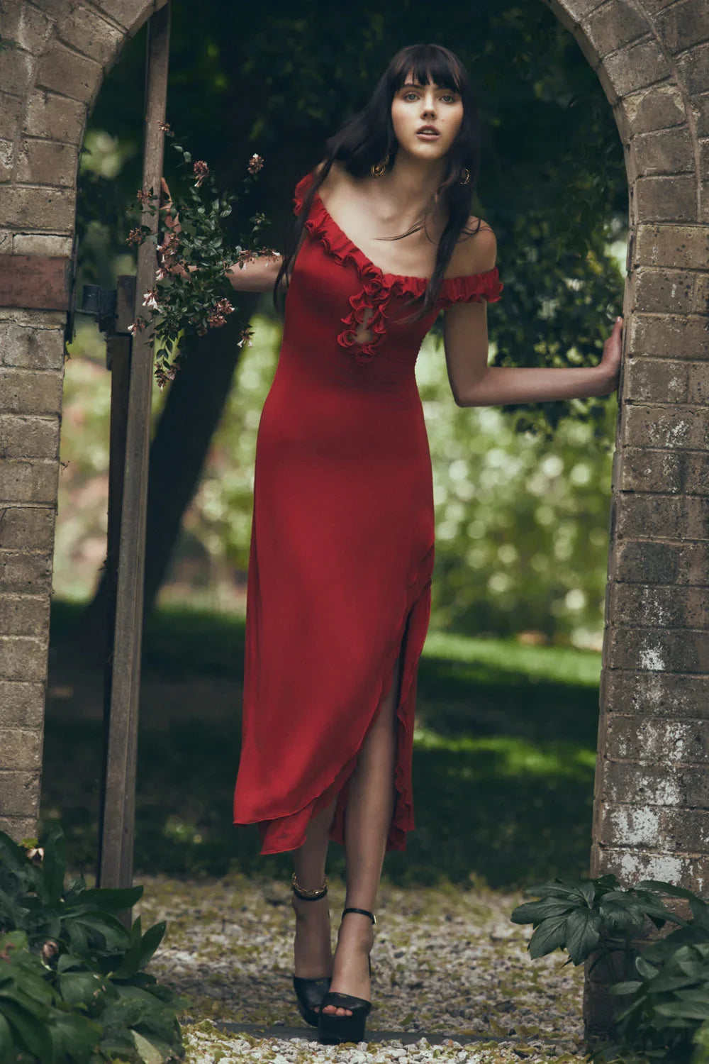 Allegra Off Shoulder Ruffle Midi Dress Ruby