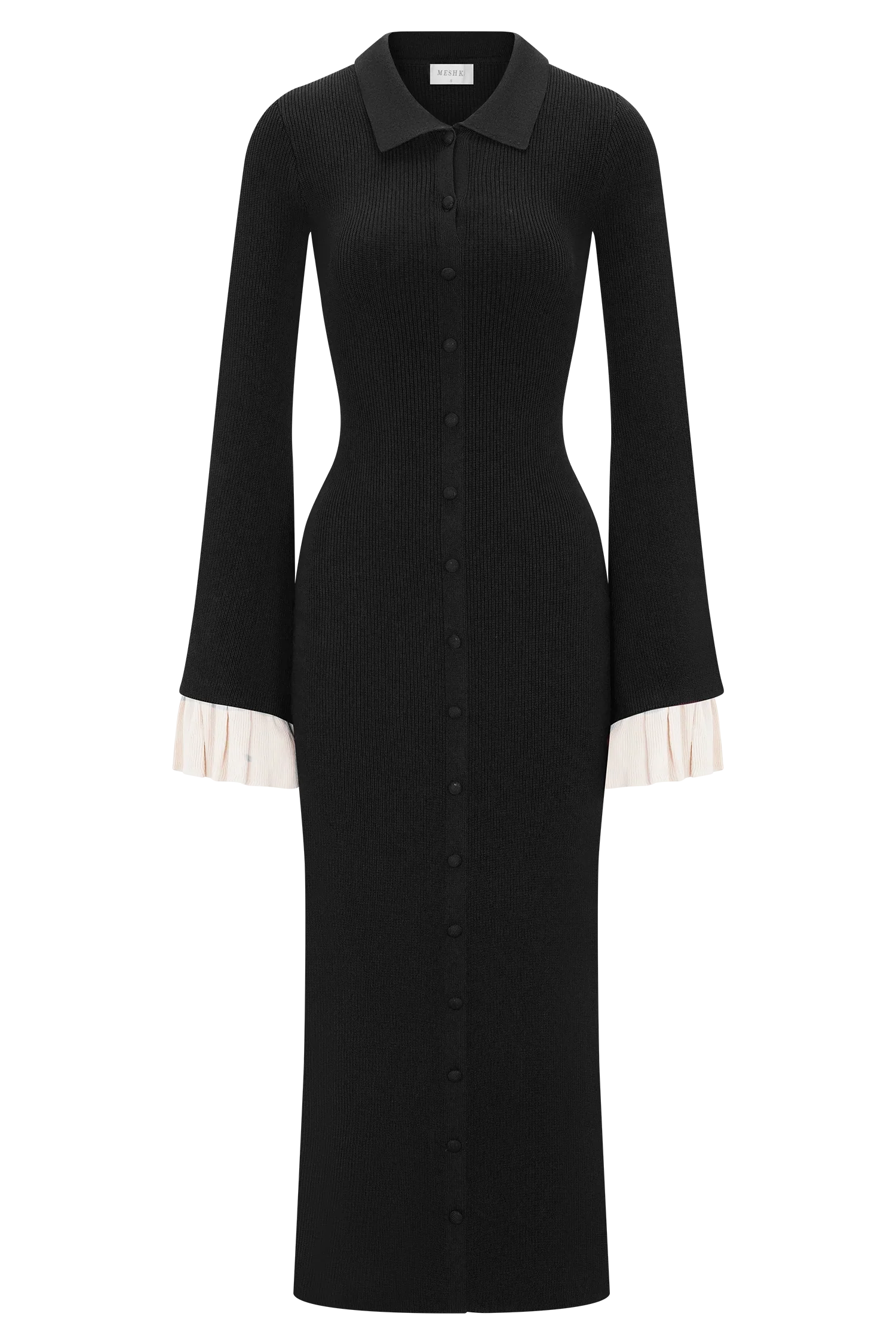 Amirose Ruffle Knit Midi Dress Black