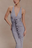 Alessandra Slinky Ruffle Maxi Dress Grey