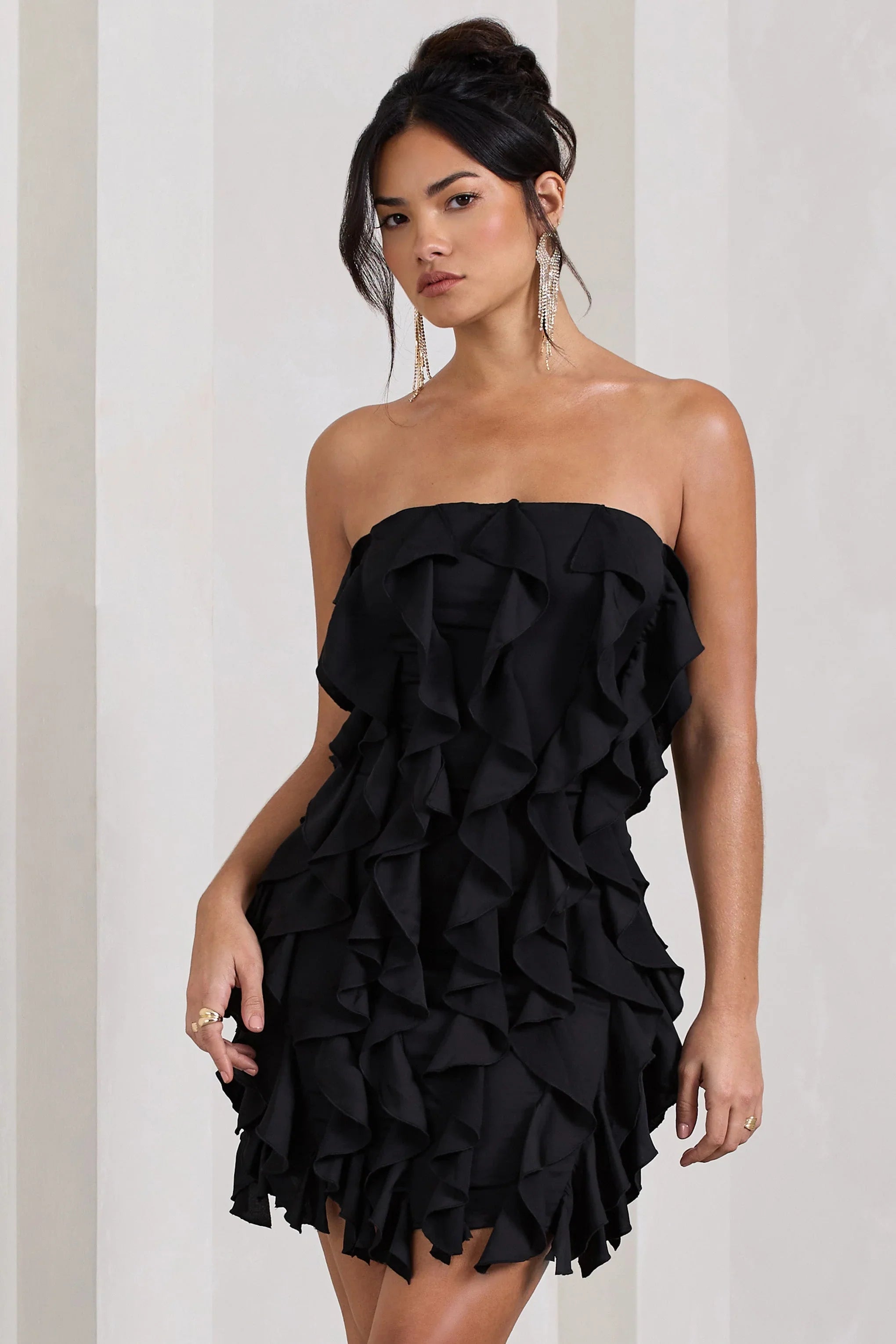 It Girl Black Bandeau Bodycon Mini Dress With Ruffles