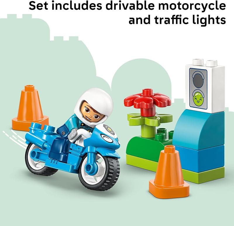 LEGO DUPLO Town Blue Police Motorcycle Building Toy for Toddlers Pretend Play Set Learning Toy for Boys Girls Ages 2 Building Blocks for Motor Skills Practice Gift for Birthdays 10471