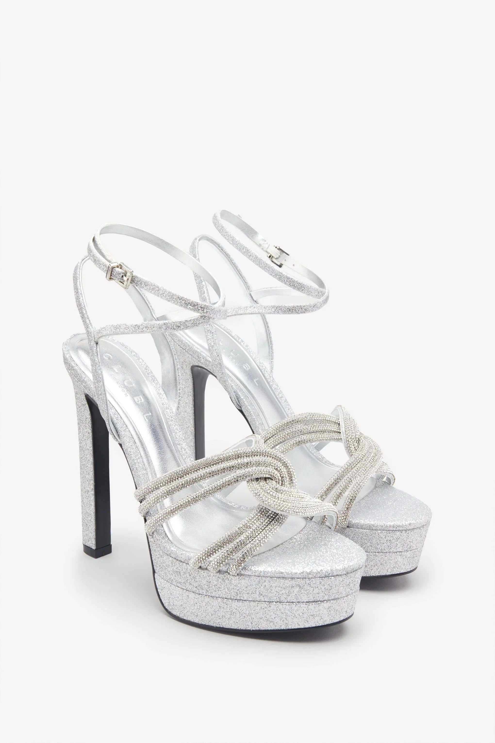 Doll Drama Silver Glitter Diamante Strappy Platform Heels