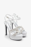 Doll Drama Silver Glitter Diamante Strappy Platform Heels