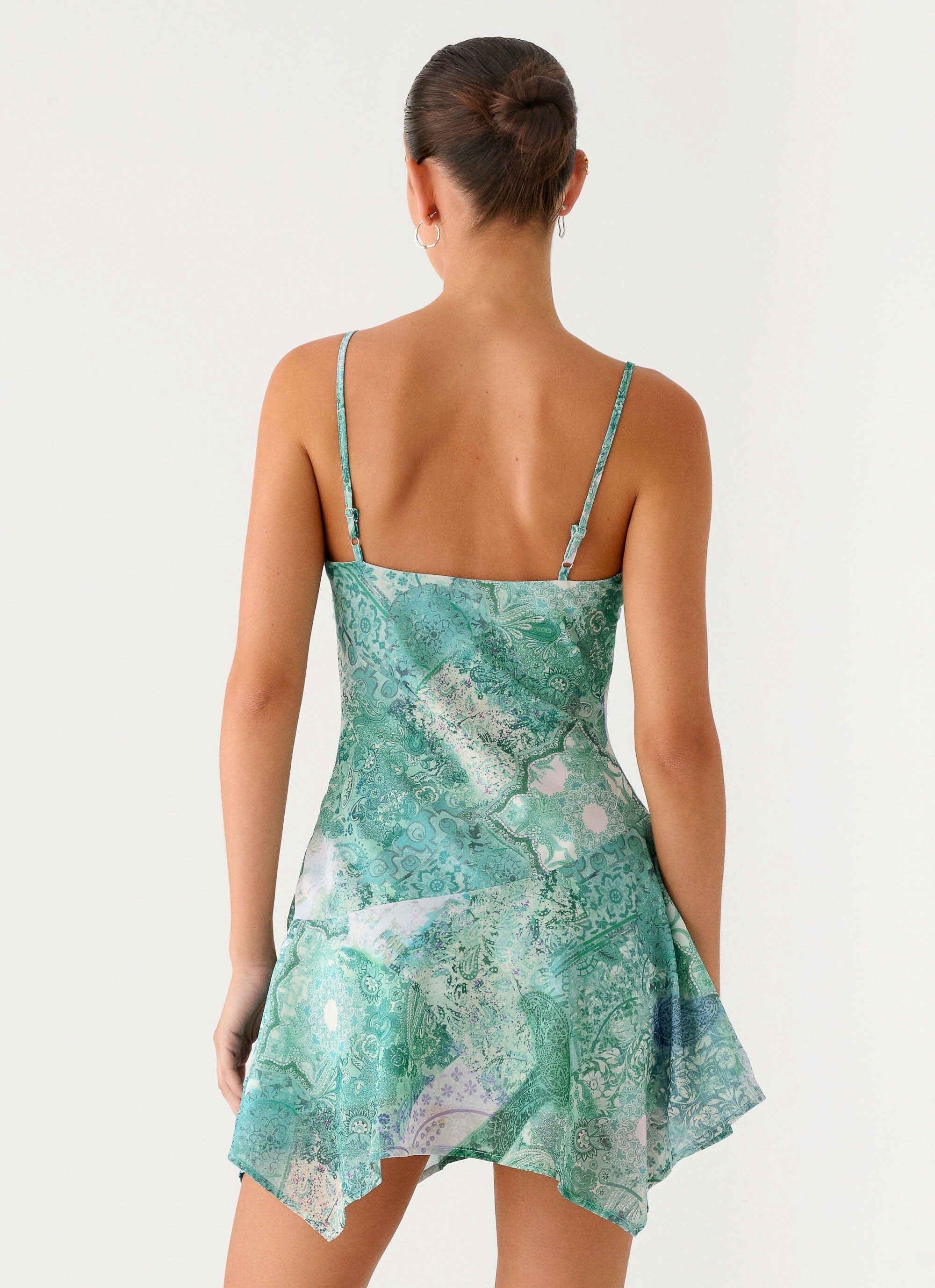Marine Mist Asymmetric Hem Mini Dress Green Paisley