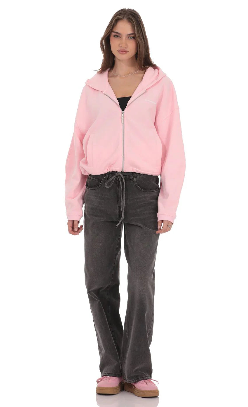 Cropped Fleece Zip Up Hoodie in Pink