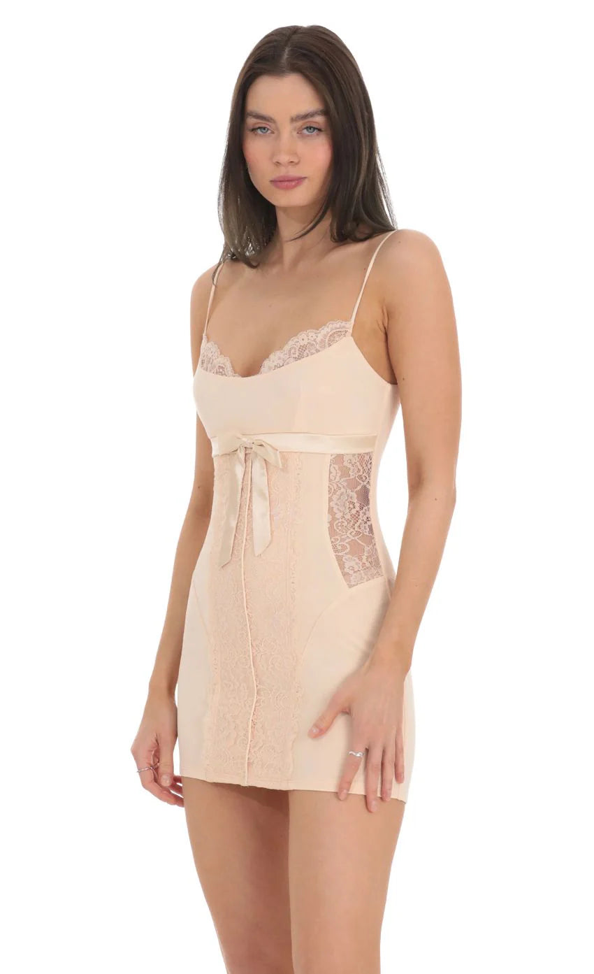 Lace Cutout Bow Dress in Peach