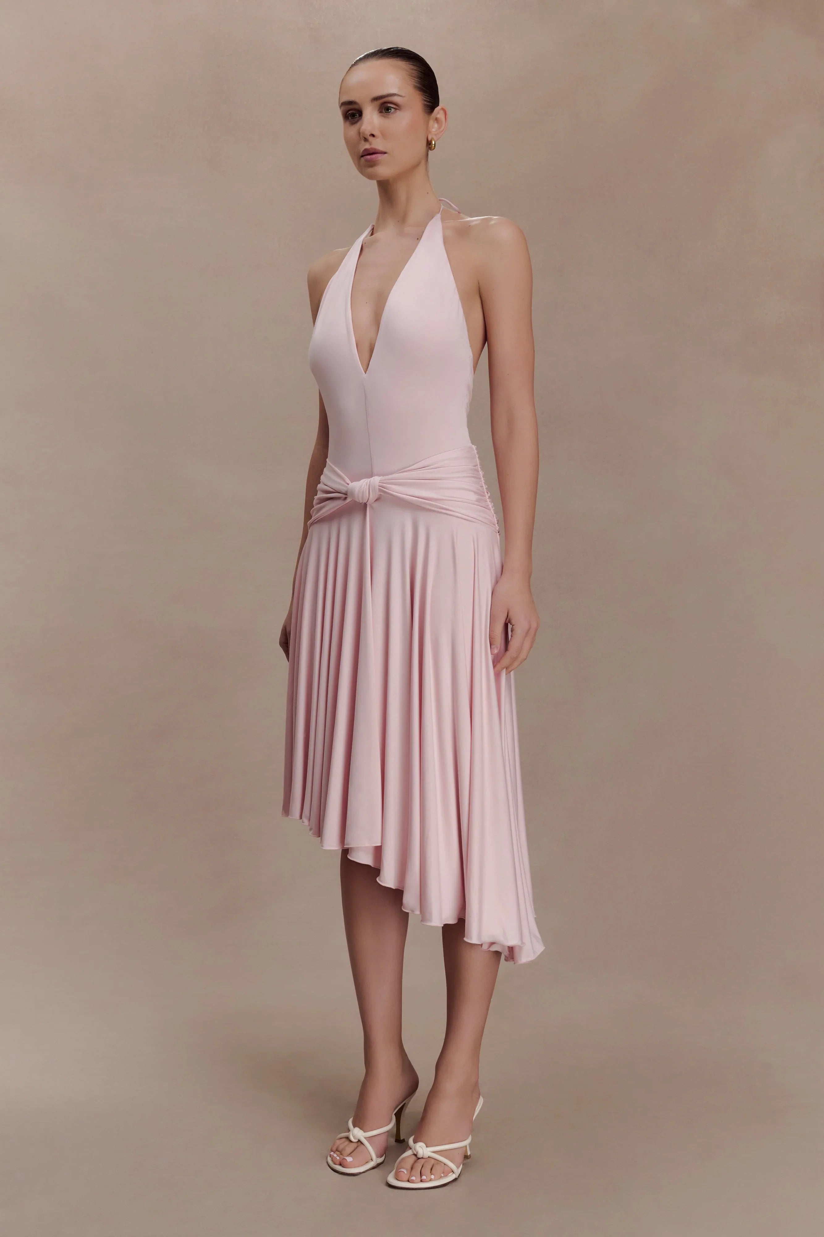 Zelda Asymmetric Slinky Midi Dress Ballet Pink
