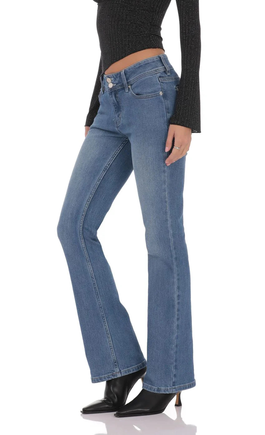 Double Button Slim Flare Jeans in Blue