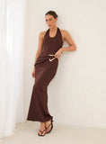 Chocolate Halterneck Jersey Hardware Belt Detail Maxi Dress