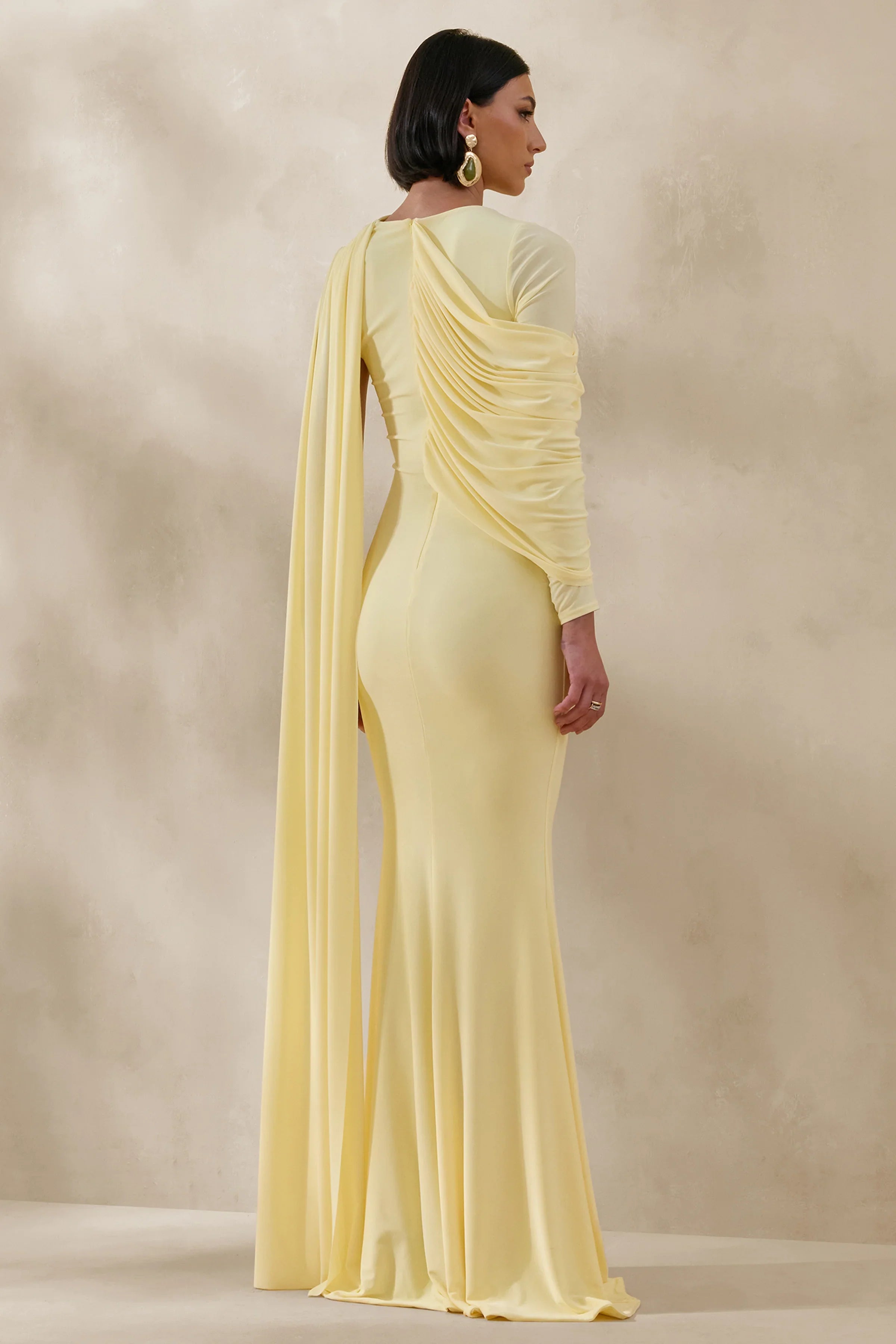Rubelle Lemon Asymmetric Neck Maxi Dress With Draped Detailing