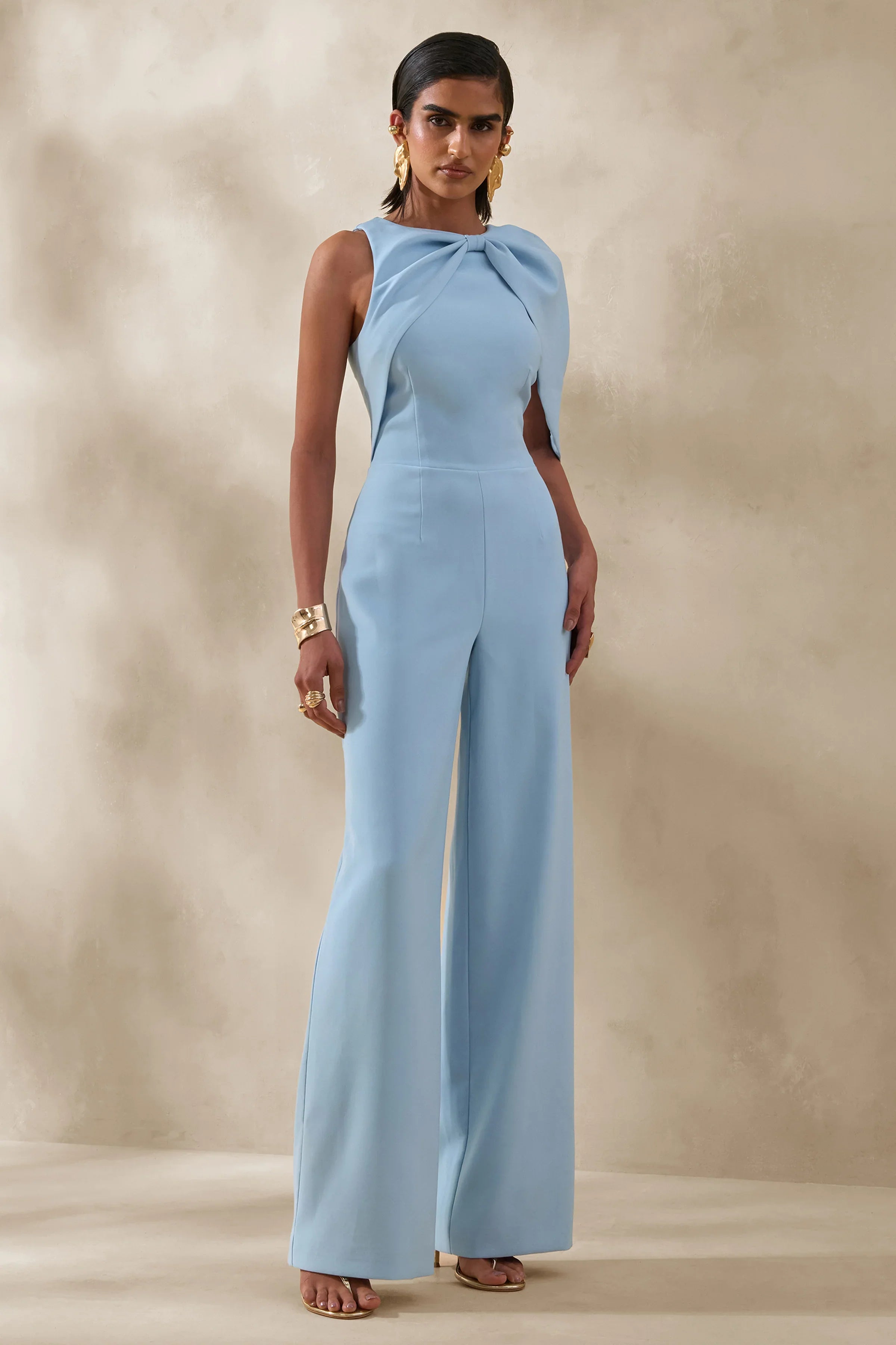 Quinley Powder Blue Asymmetric Neck Jumpsuit With Cape Sleeve