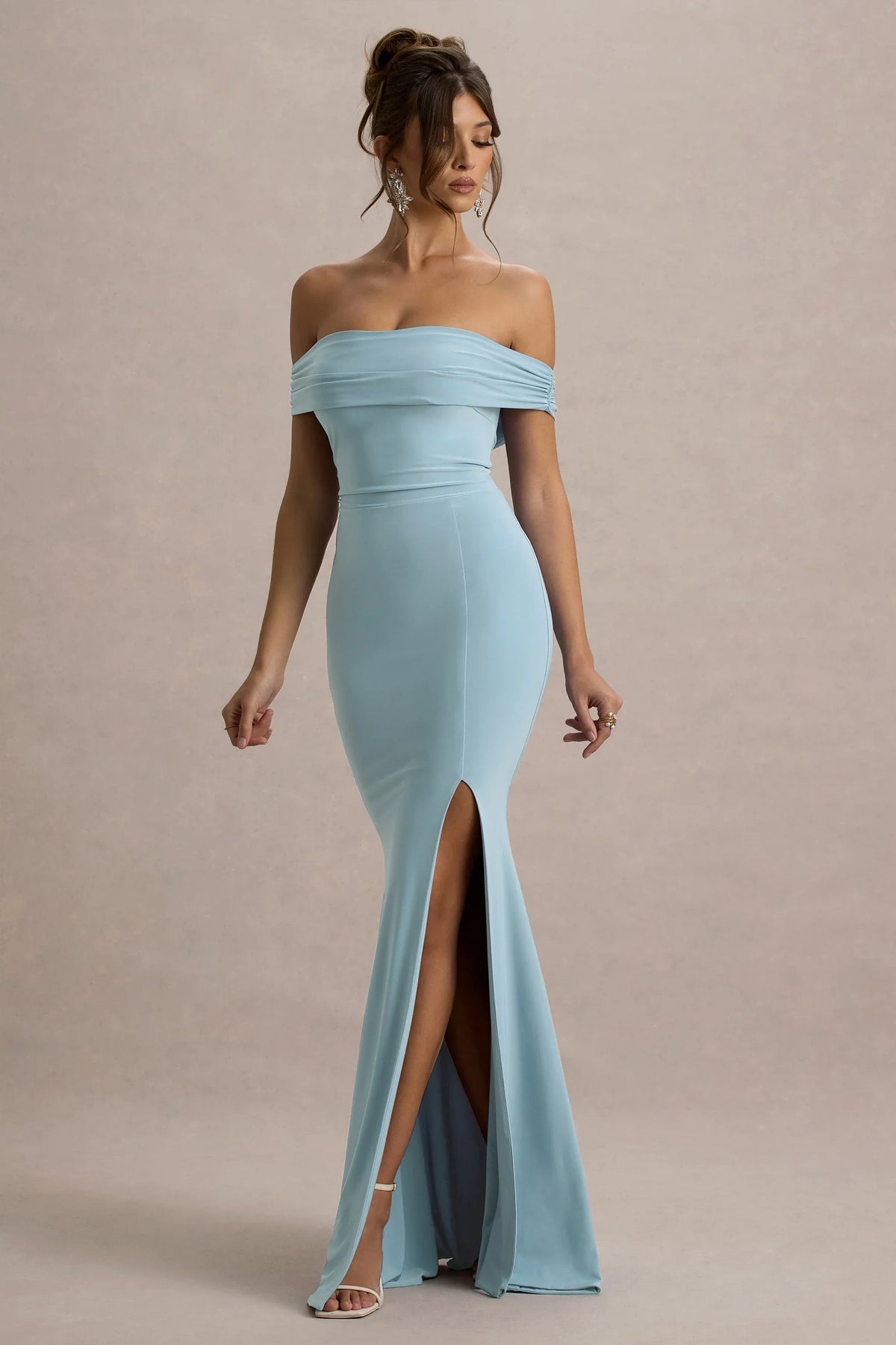 Law of Attraction Powder Blue Bardot Draped Split Maxi Dress