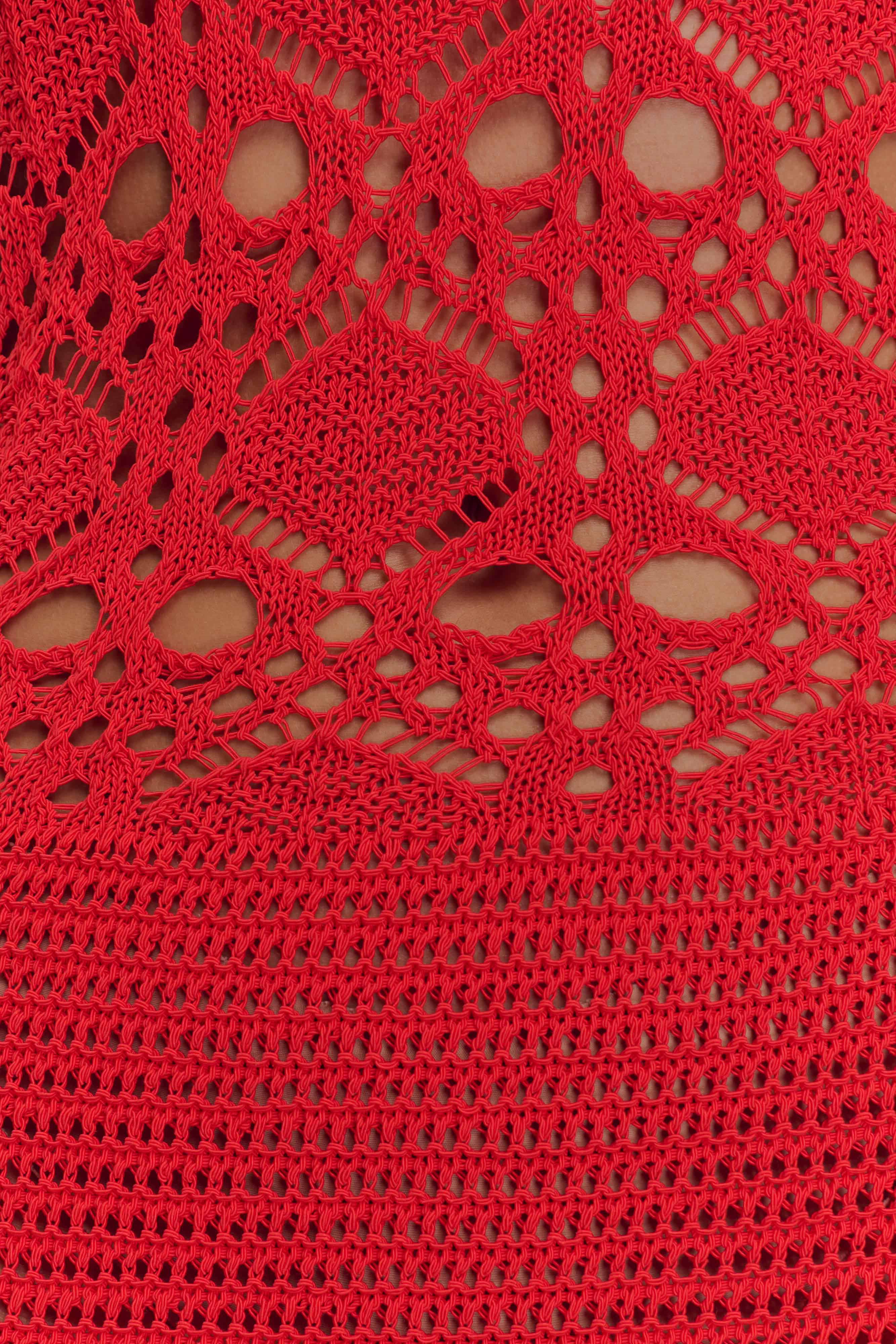 Solstice Off Shoulder Crochet Knit Maxi Dress Blood Orange