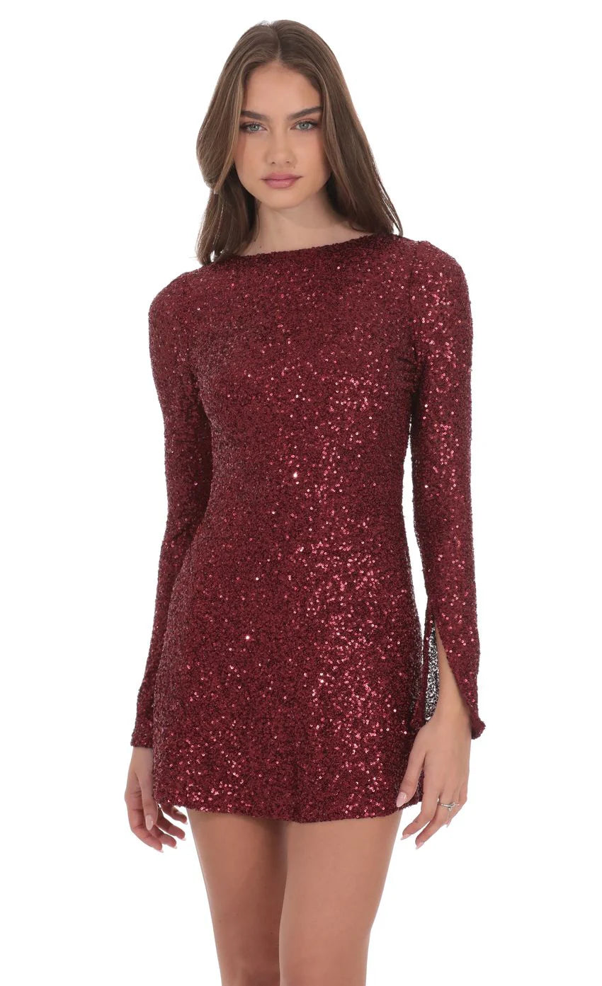 Sequin Long Sleeve Open Back Dress in Maroon