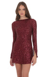 Sequin Long Sleeve Open Back Dress in Maroon