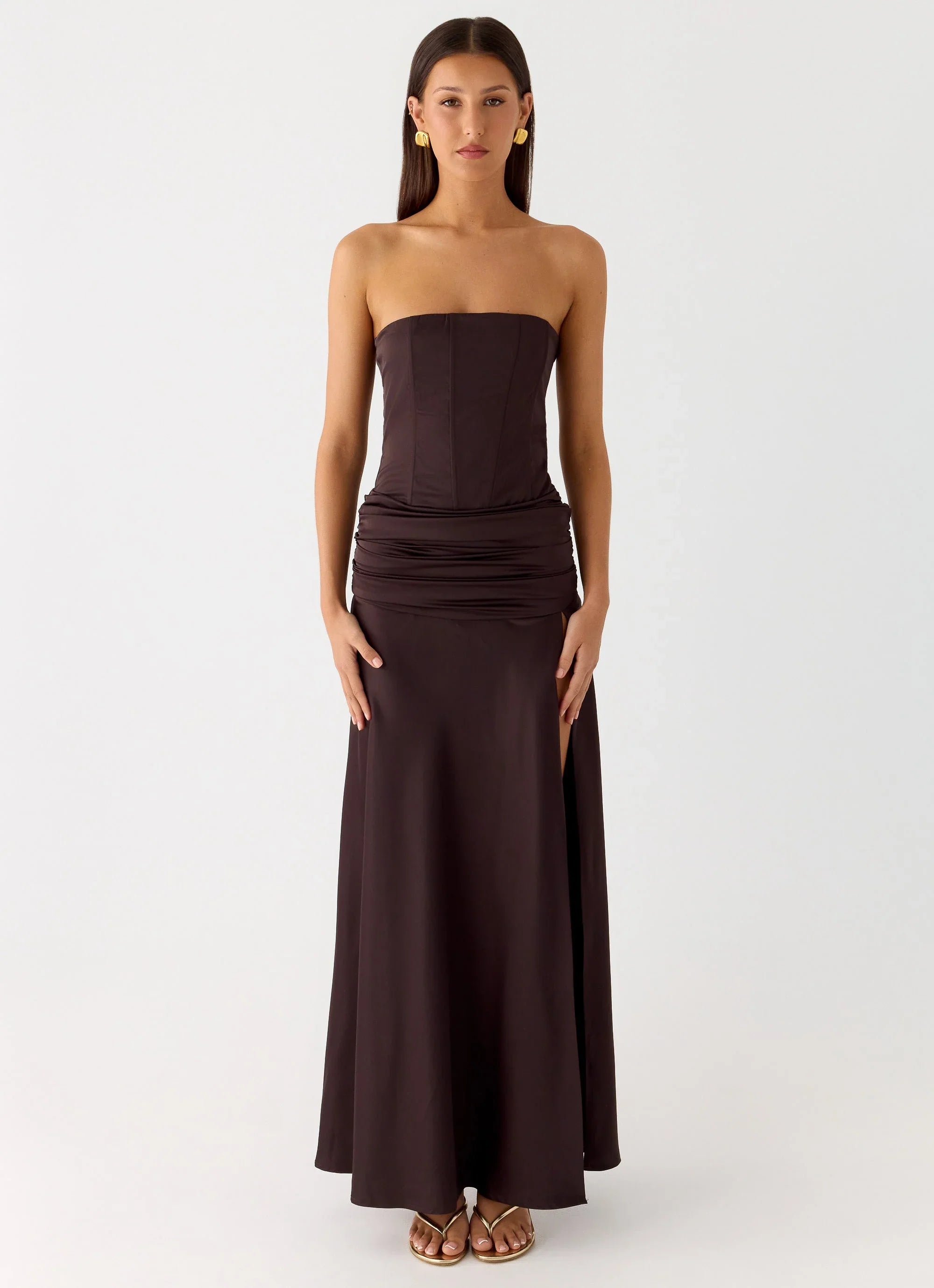 Darana Corset Satin Maxi Dress Chocolate
