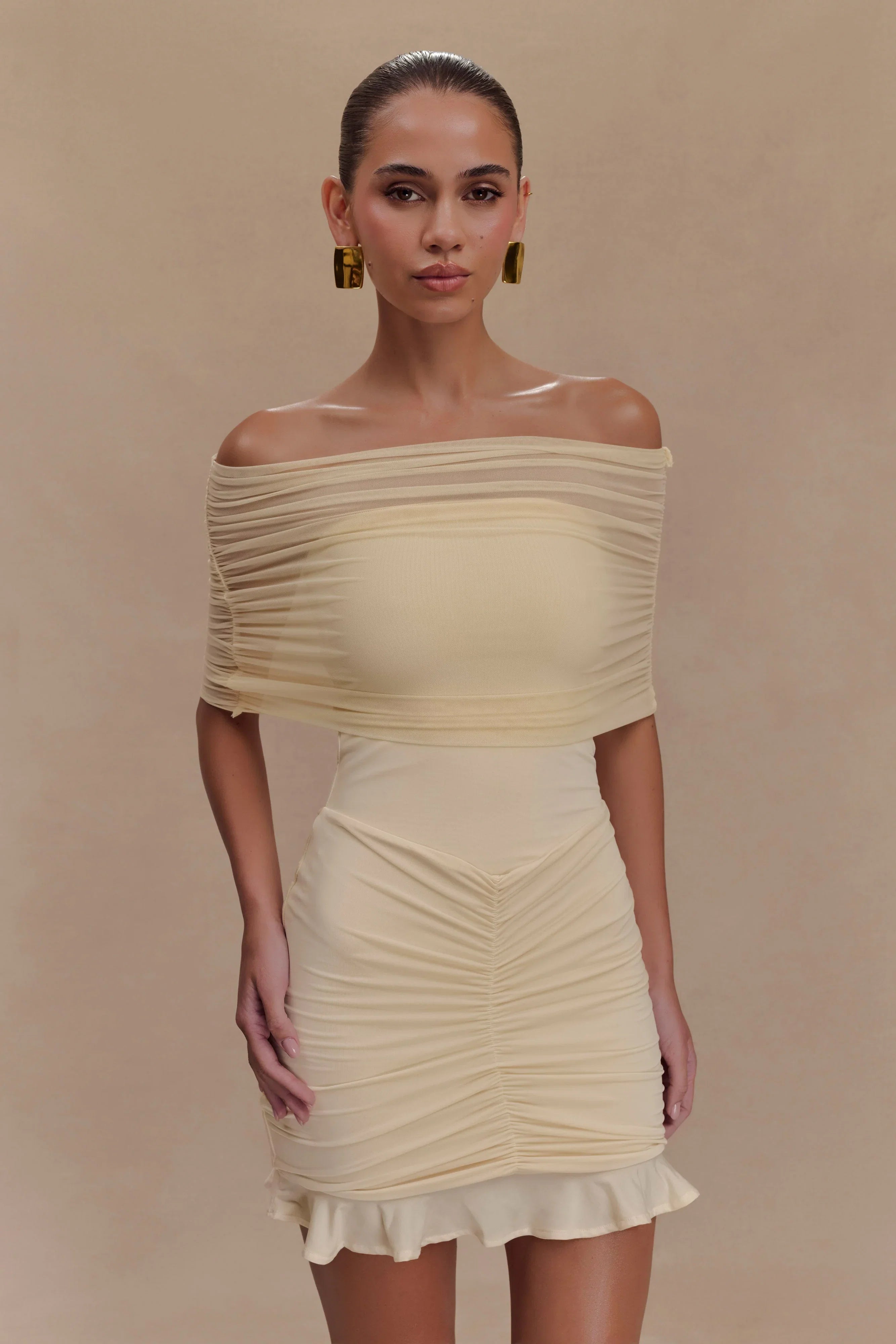Caspian Slinky And Mesh Off Shoulder Mini Dress Ivory
