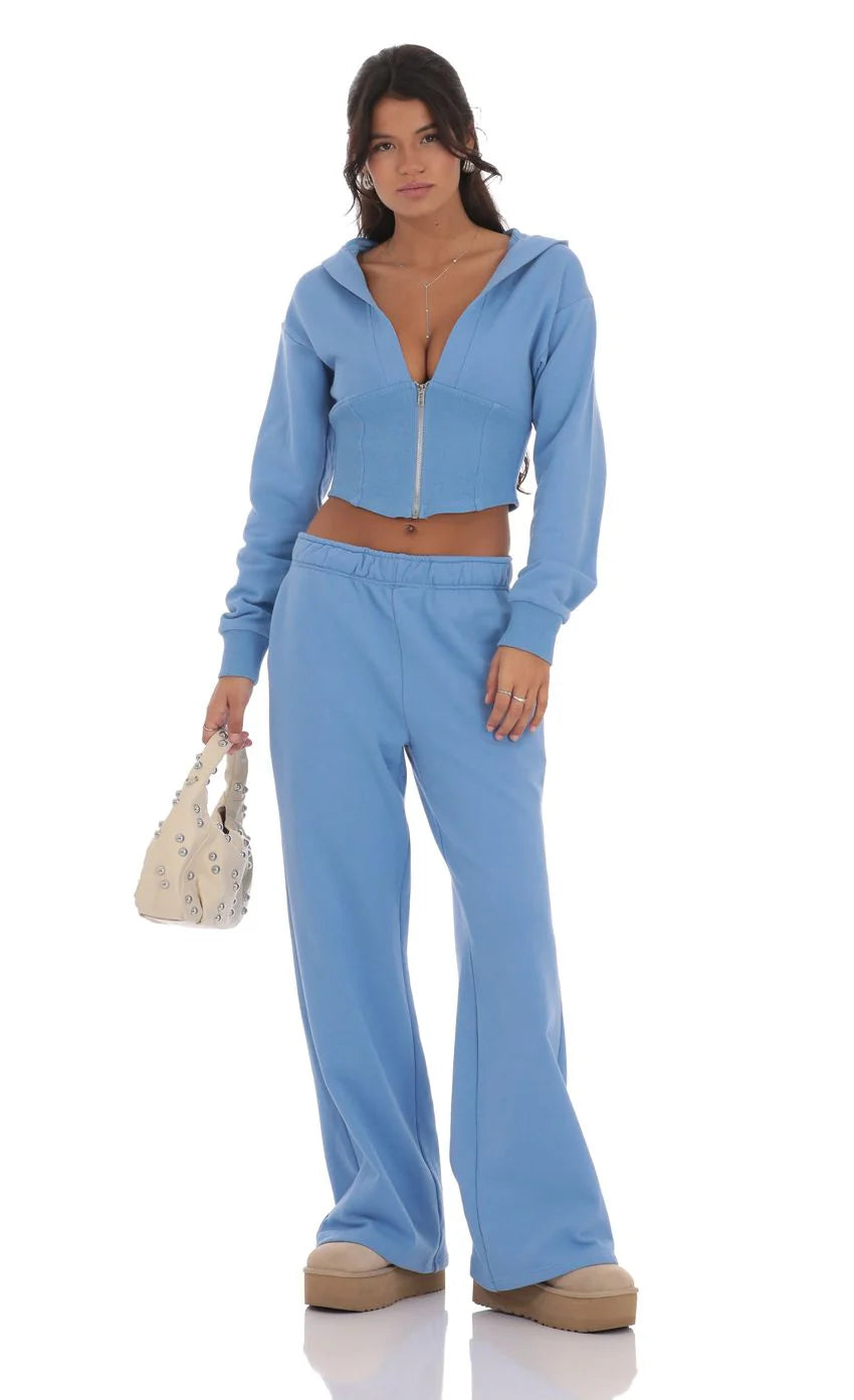 Cropped Pointed Hoodie in Light Blue