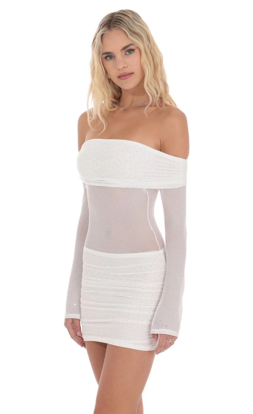 Rhinestone Mesh Off Shoulder Dress in White
