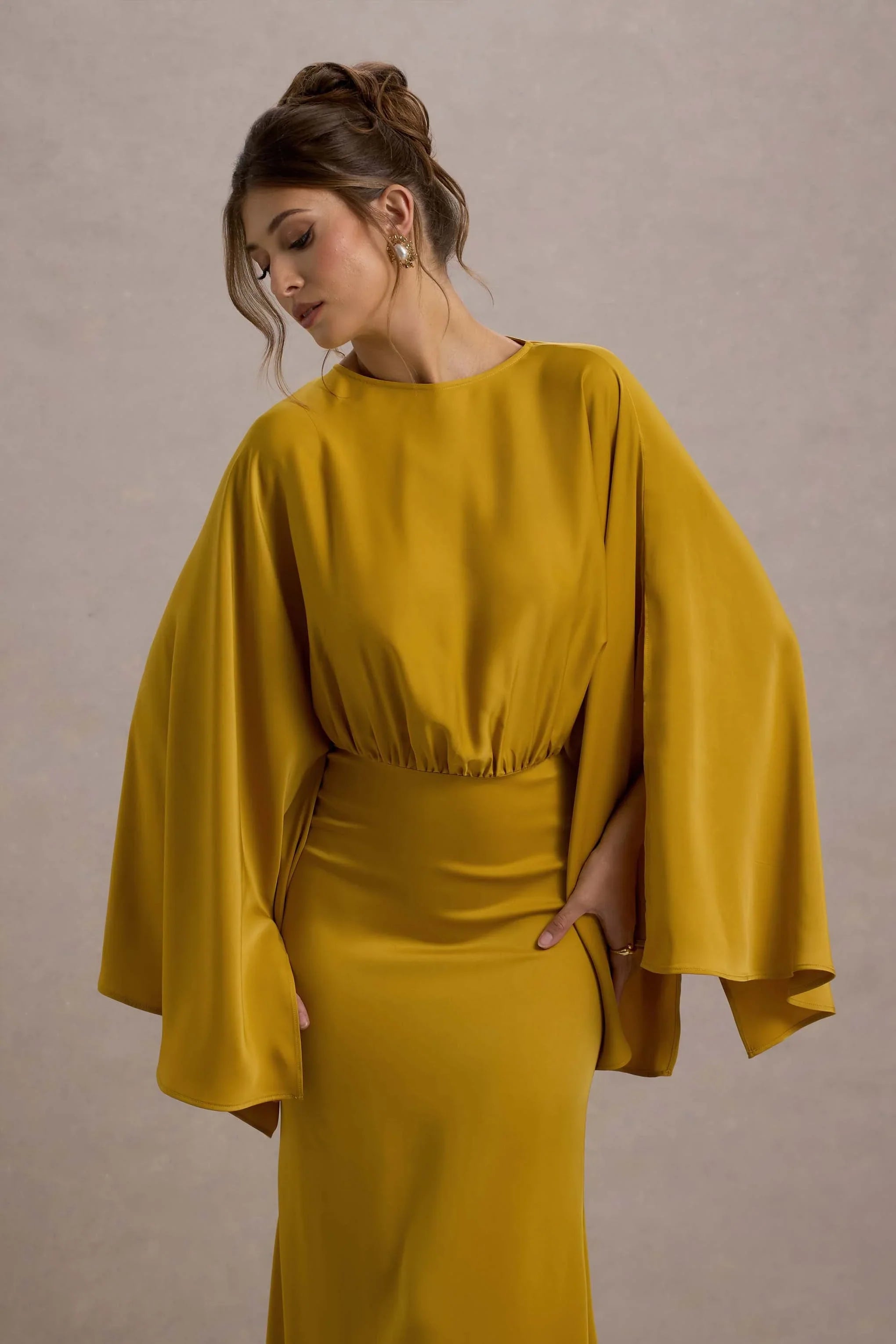 Zuzanna Mustard Draped Maxi Dress With Cape Sleeves