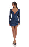 Blue Sequin V Neck Long Sleeve Dress in Black