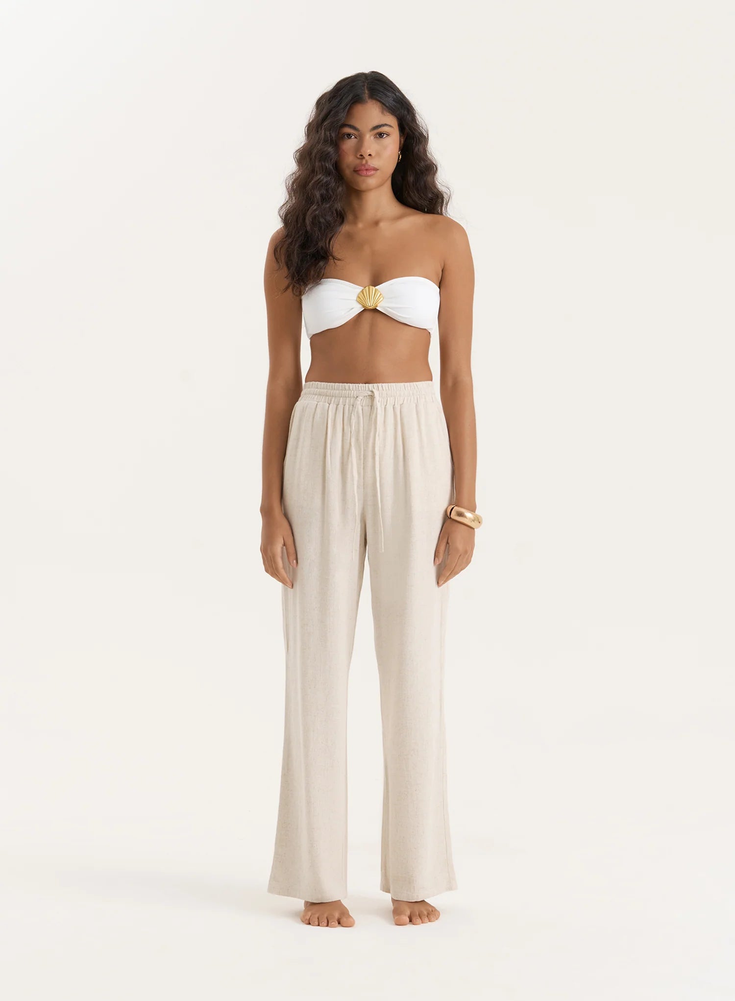 Beige Linen Blend Wide Leg Trouser