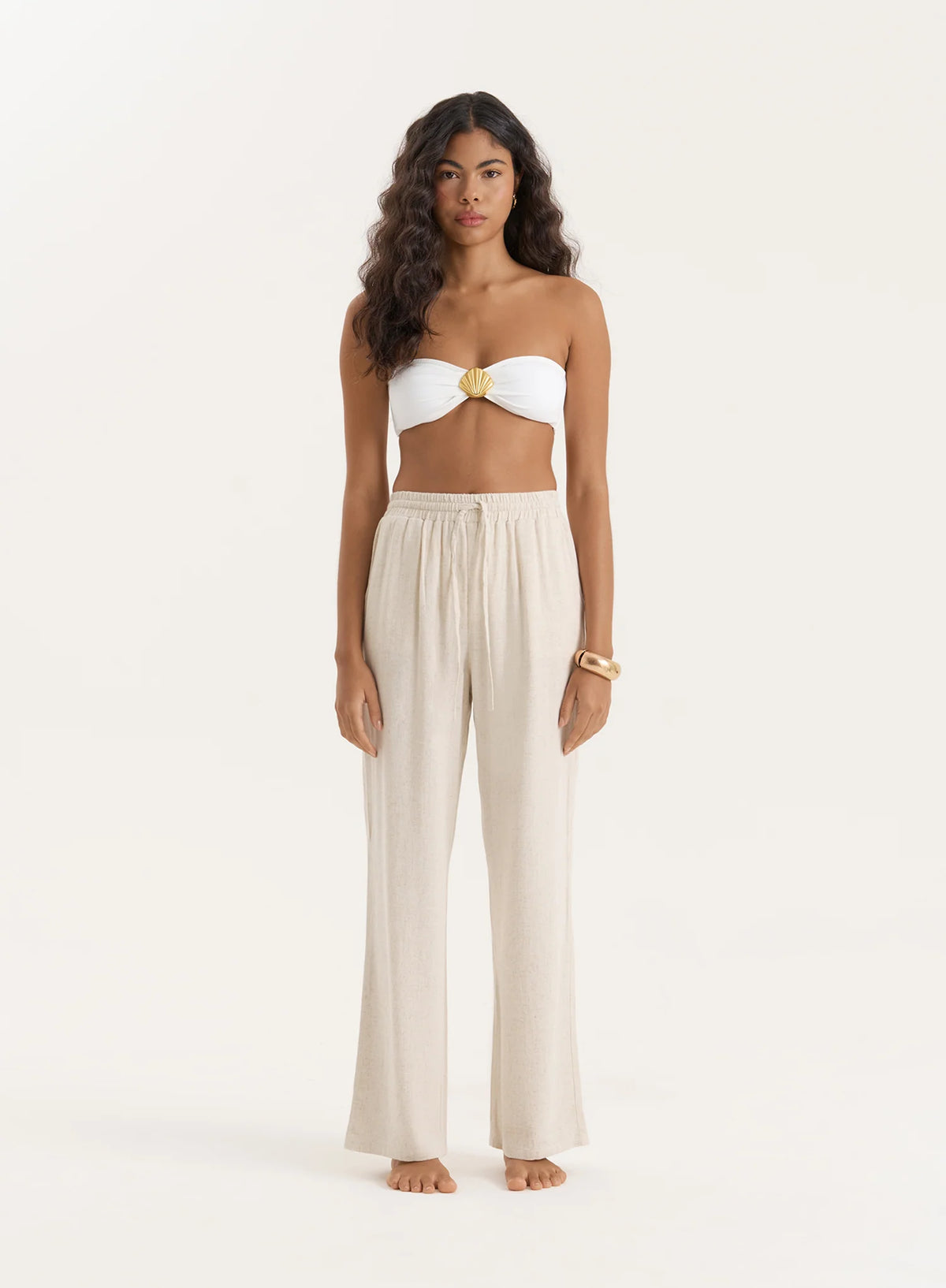 Beige Linen Blend Wide Leg Trouser