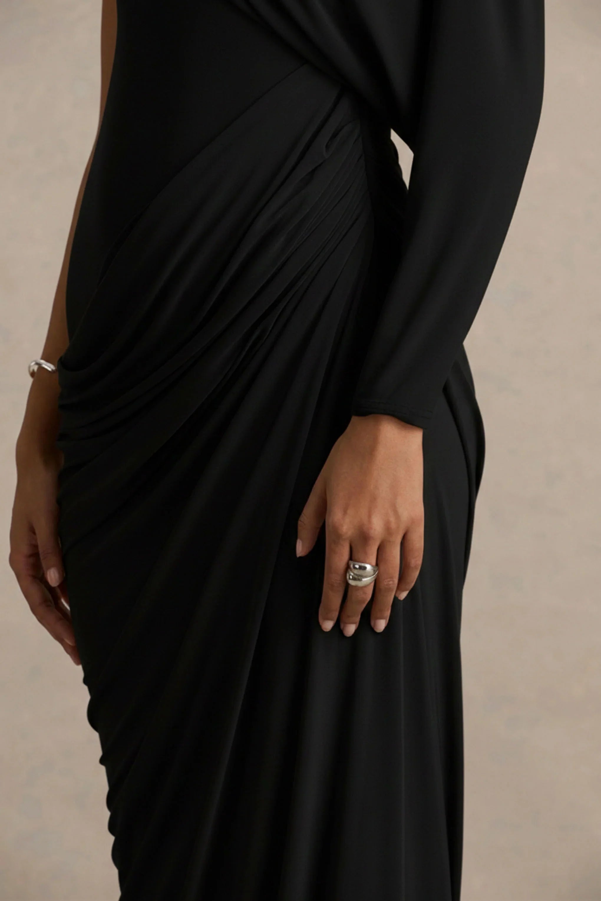 Aphra Black High Neck Maxi Dress With Cape Sleeve