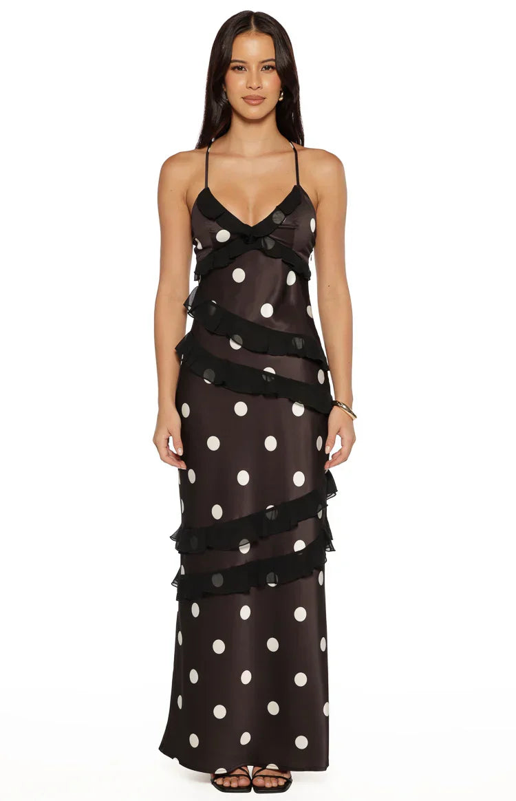 Inara Black Polka Dot Ruffle Maxi Dress