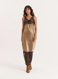 Khaki Satin Lace Trim Maxi Dress