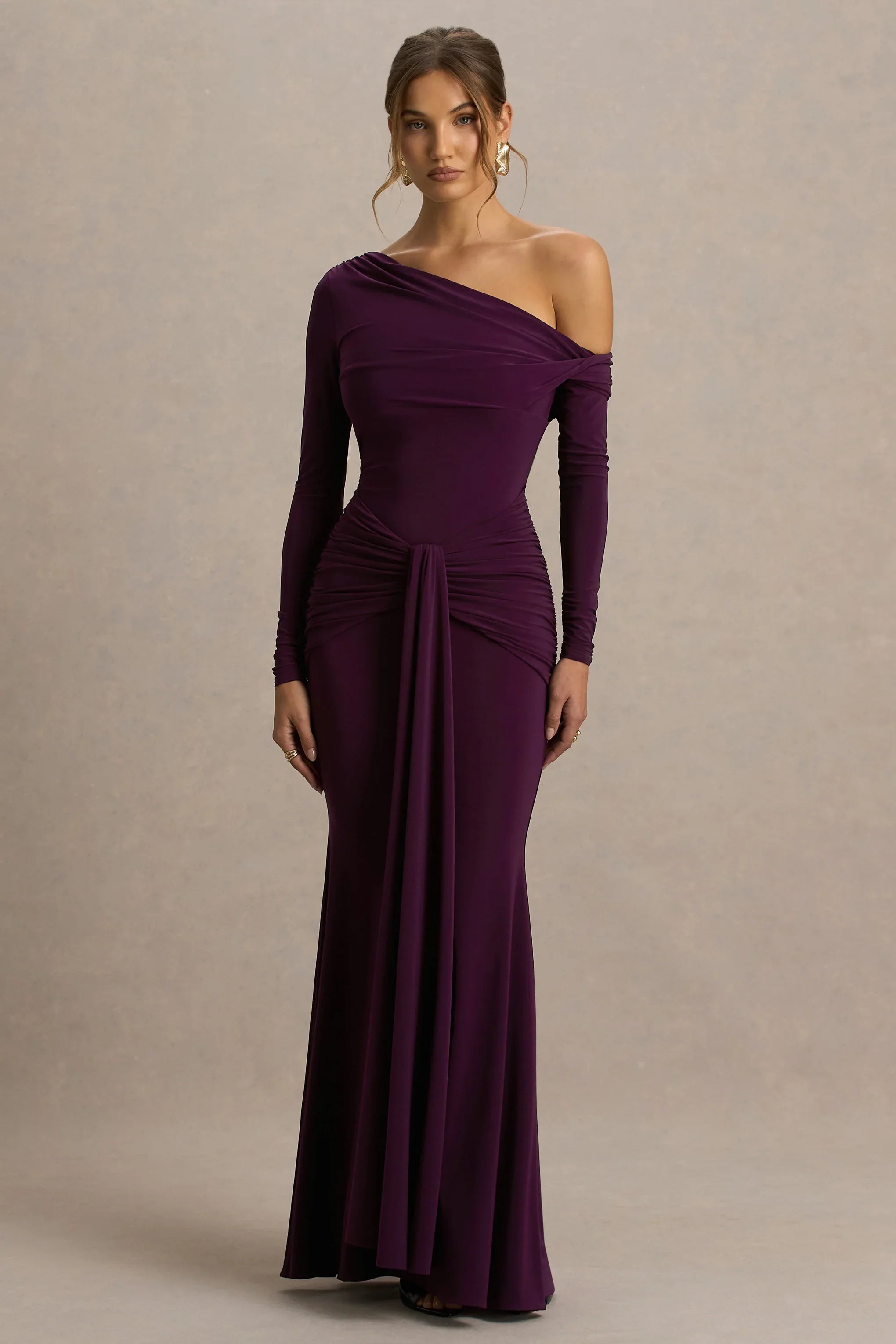 Clover Burgundy Asymmetric Neck Wrapped Maxi Dress With Sash