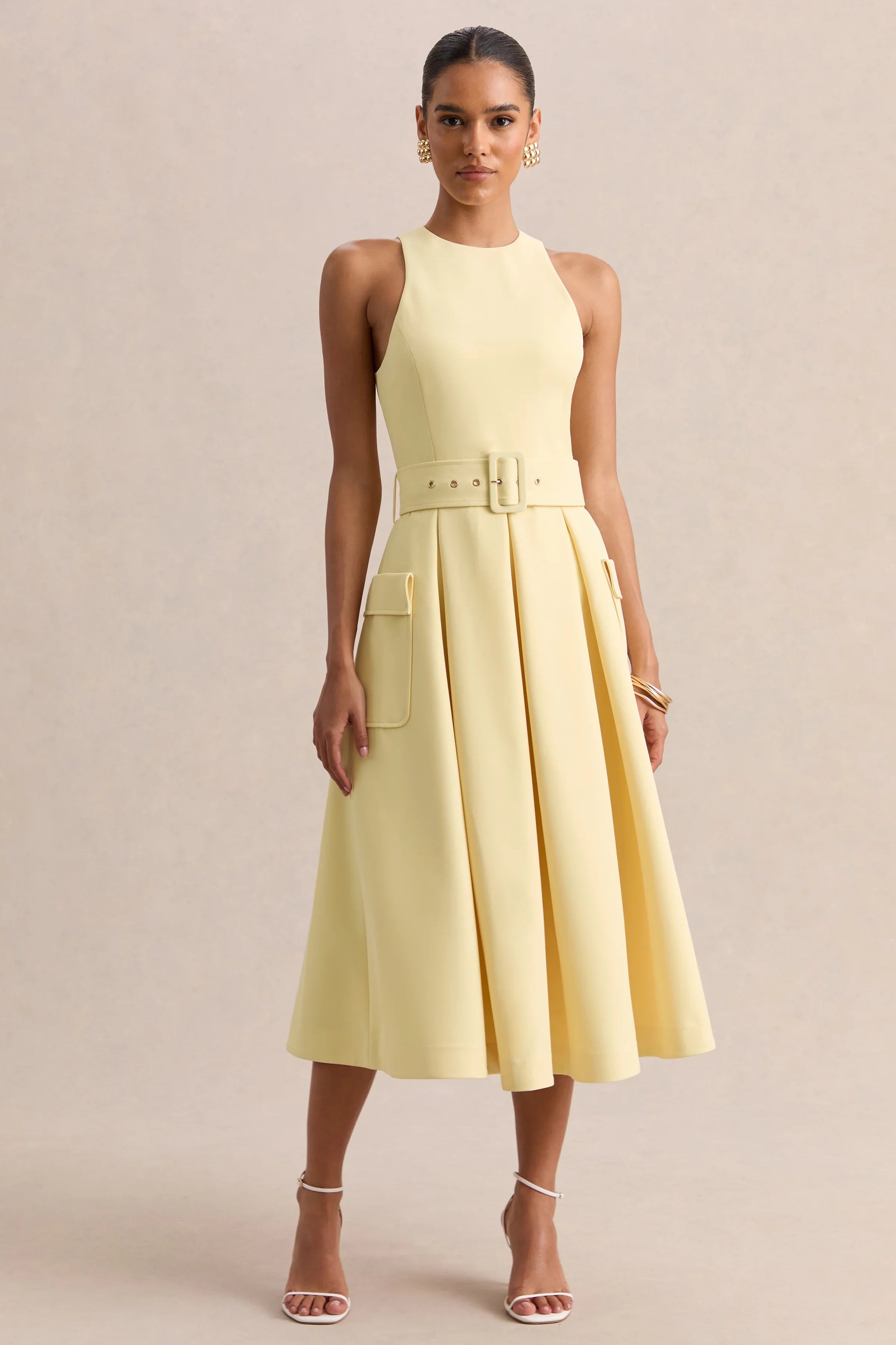 Magnora Lemon Crew Neck Belted Midi Dress