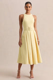 Magnora Lemon Crew Neck Belted Midi Dress