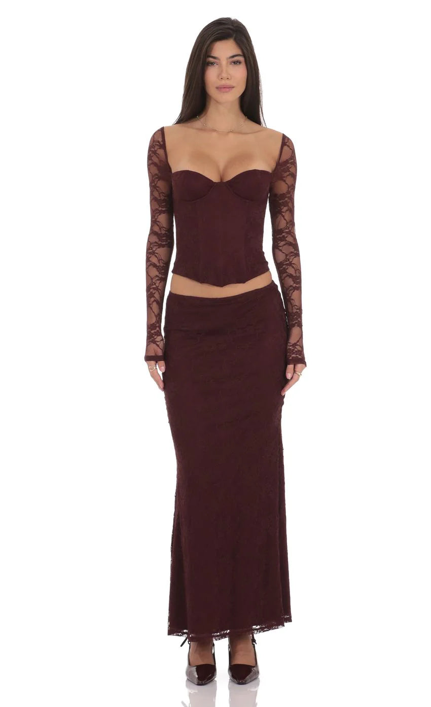 Lace Flare Maxi Skirt in Deep Wine