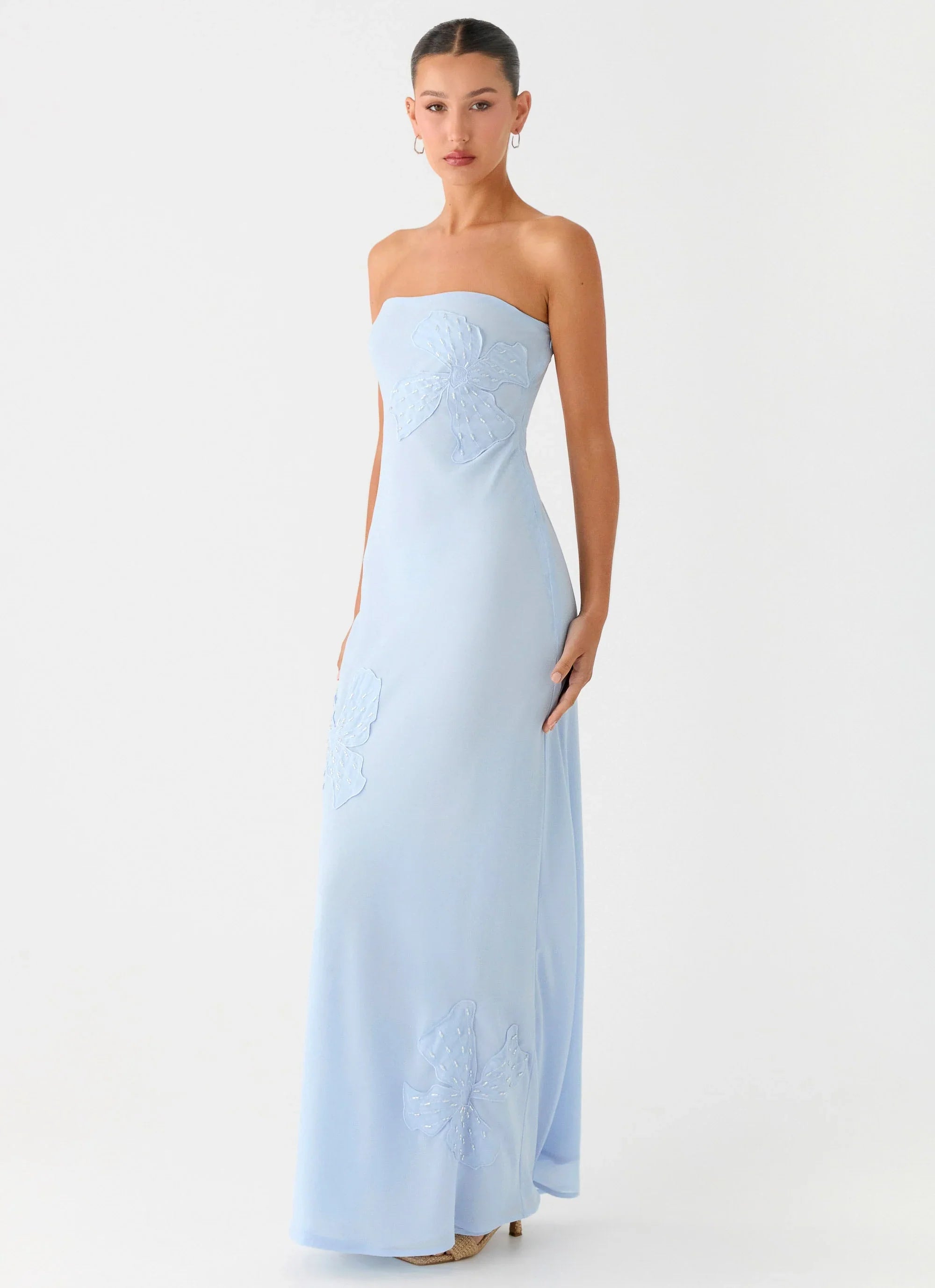 Sassafras Beaded Flower Strapless Maxi Dress Blue