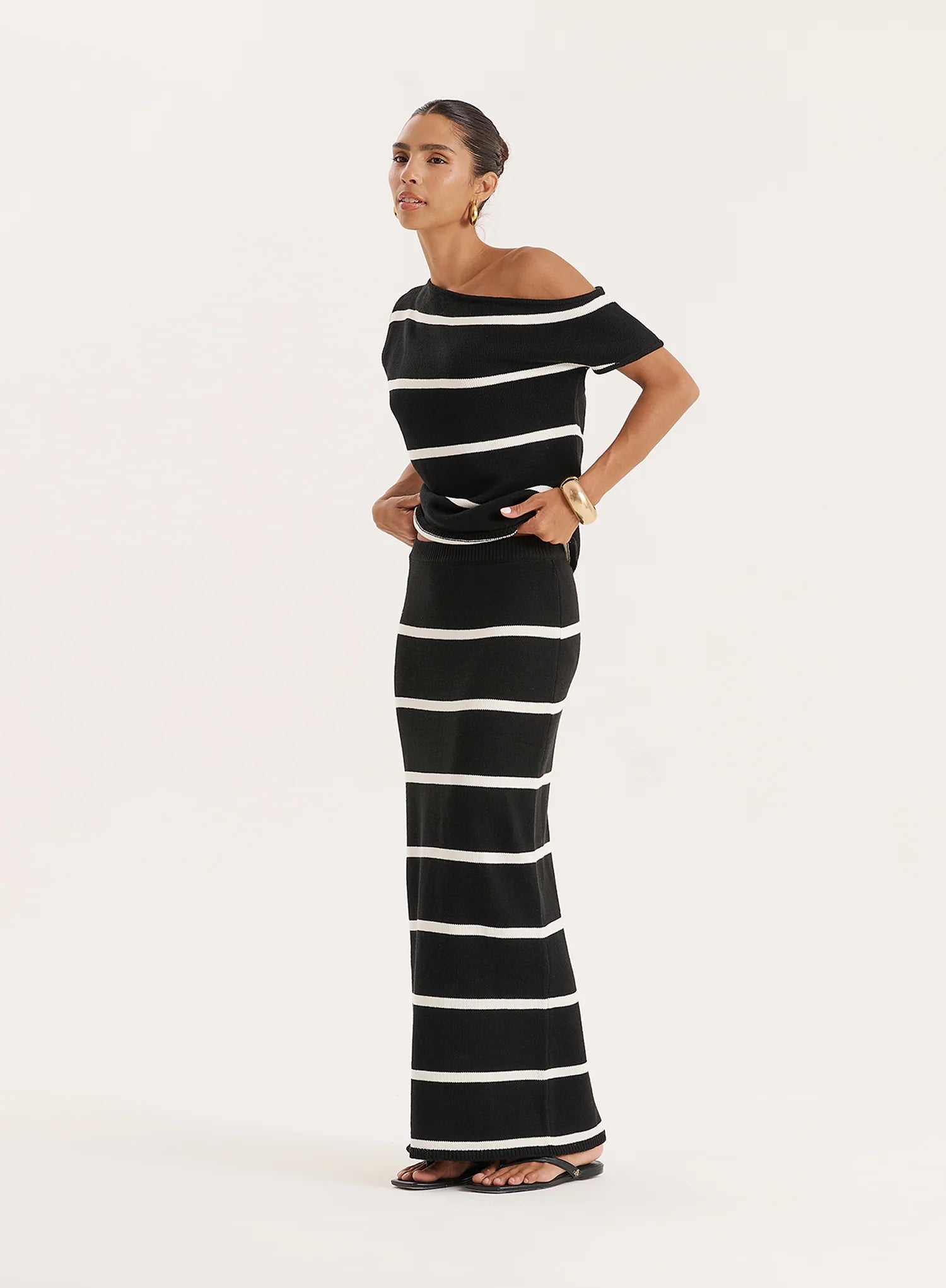 Black And White Stripe Knitted Off The Shoulder Top