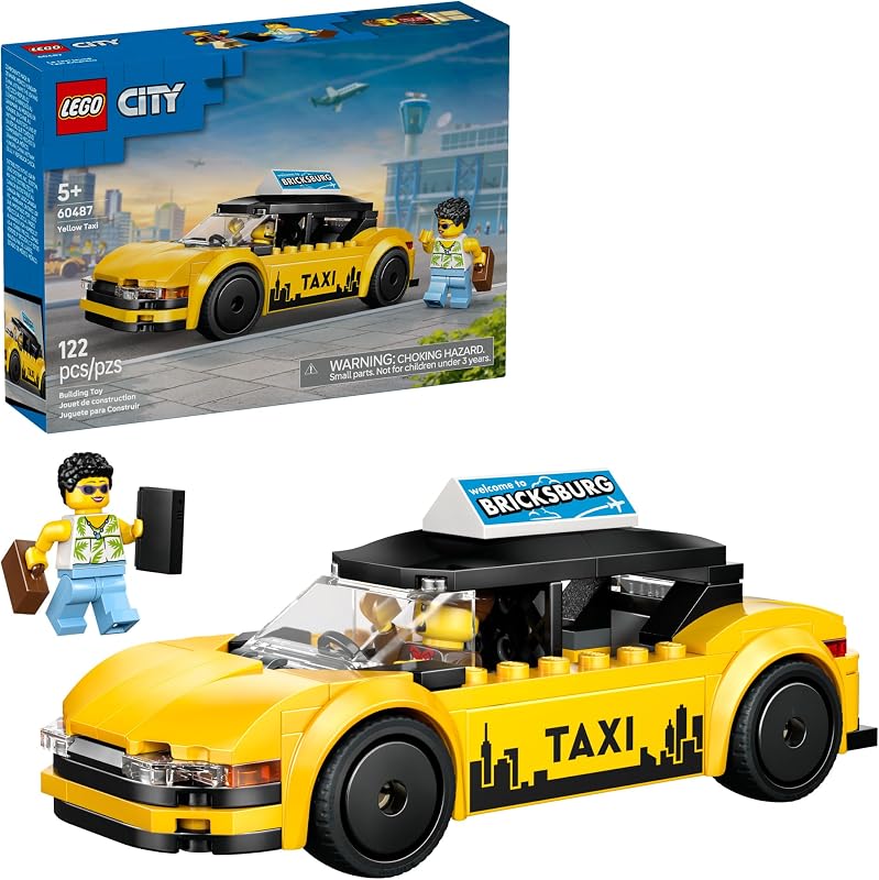 LEGO City Yellow Taxi Car Building Toy for Kids Pretend Play Set for Boys Girls Ages 5 Toy Car W Taxi Driver Tourist Minifigures Gift Idea for Birthdays 60487
