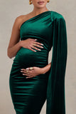 Amaryllis Bottle Green Velvet Maternity One Shoulder Maxi Dress with Cape Sleeve