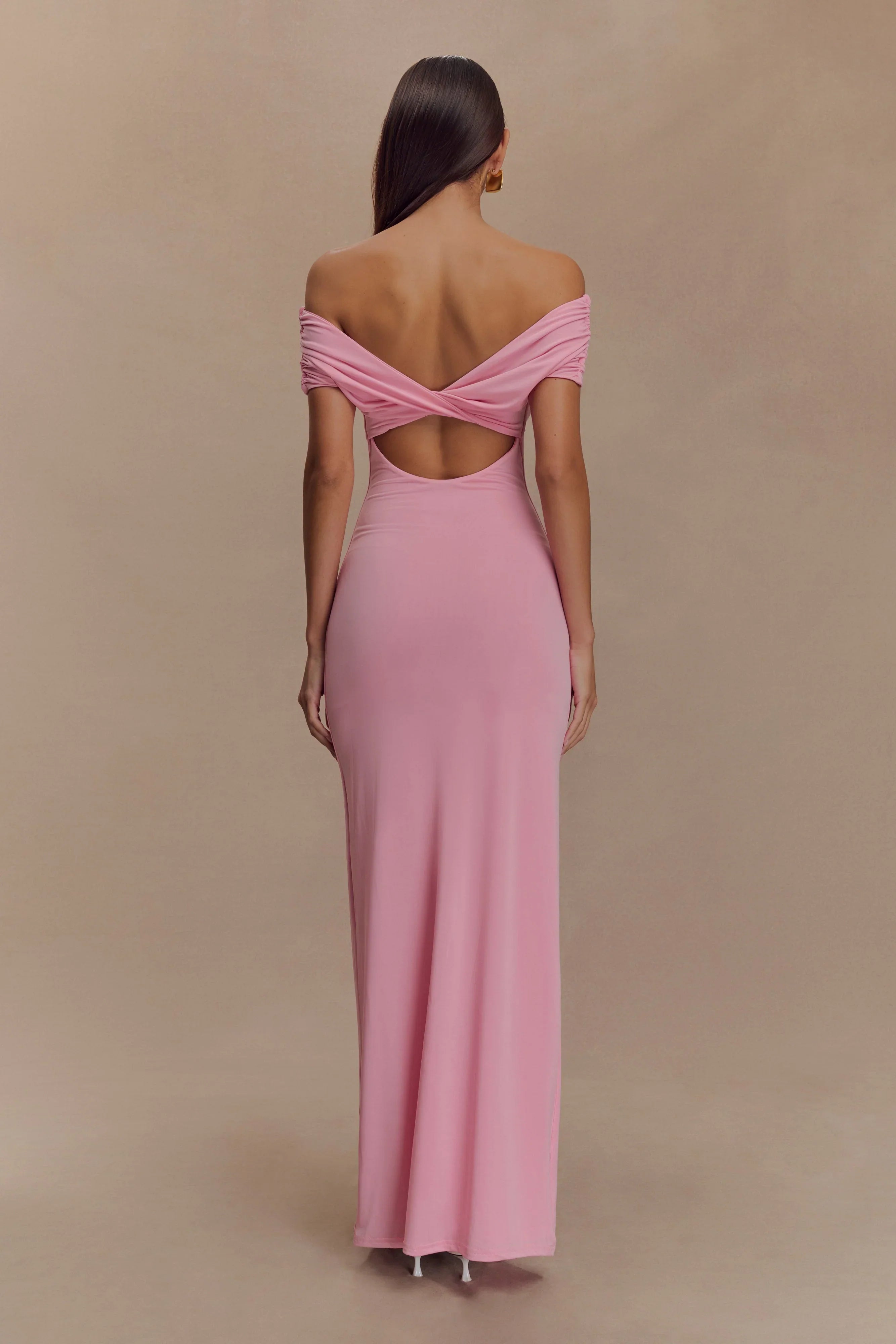 Imogen Off Shoulder Slinky Maxi Dress Candy Pink