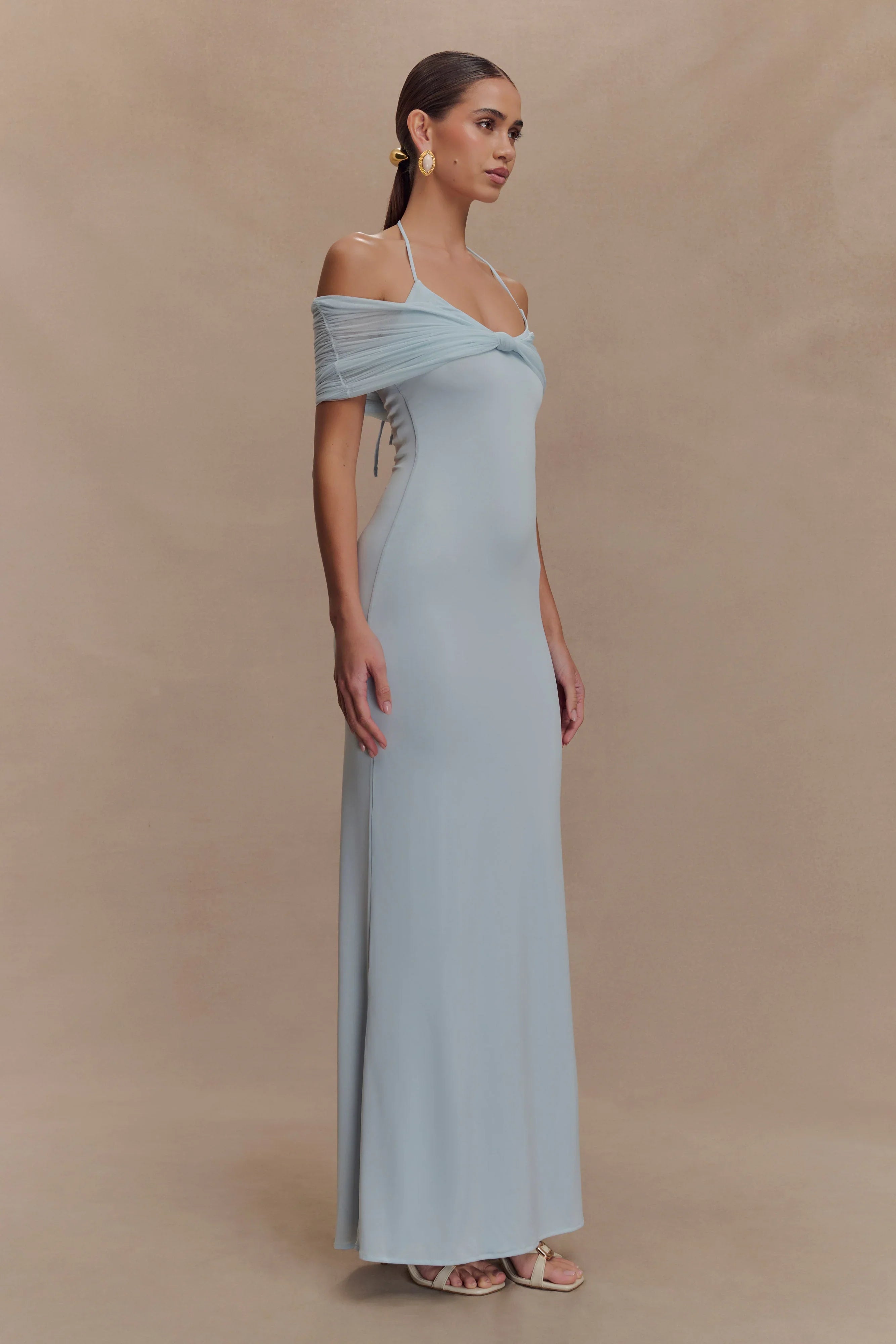 Bernadina Mesh And Slinky Halter Maxi Dress Pale Blue