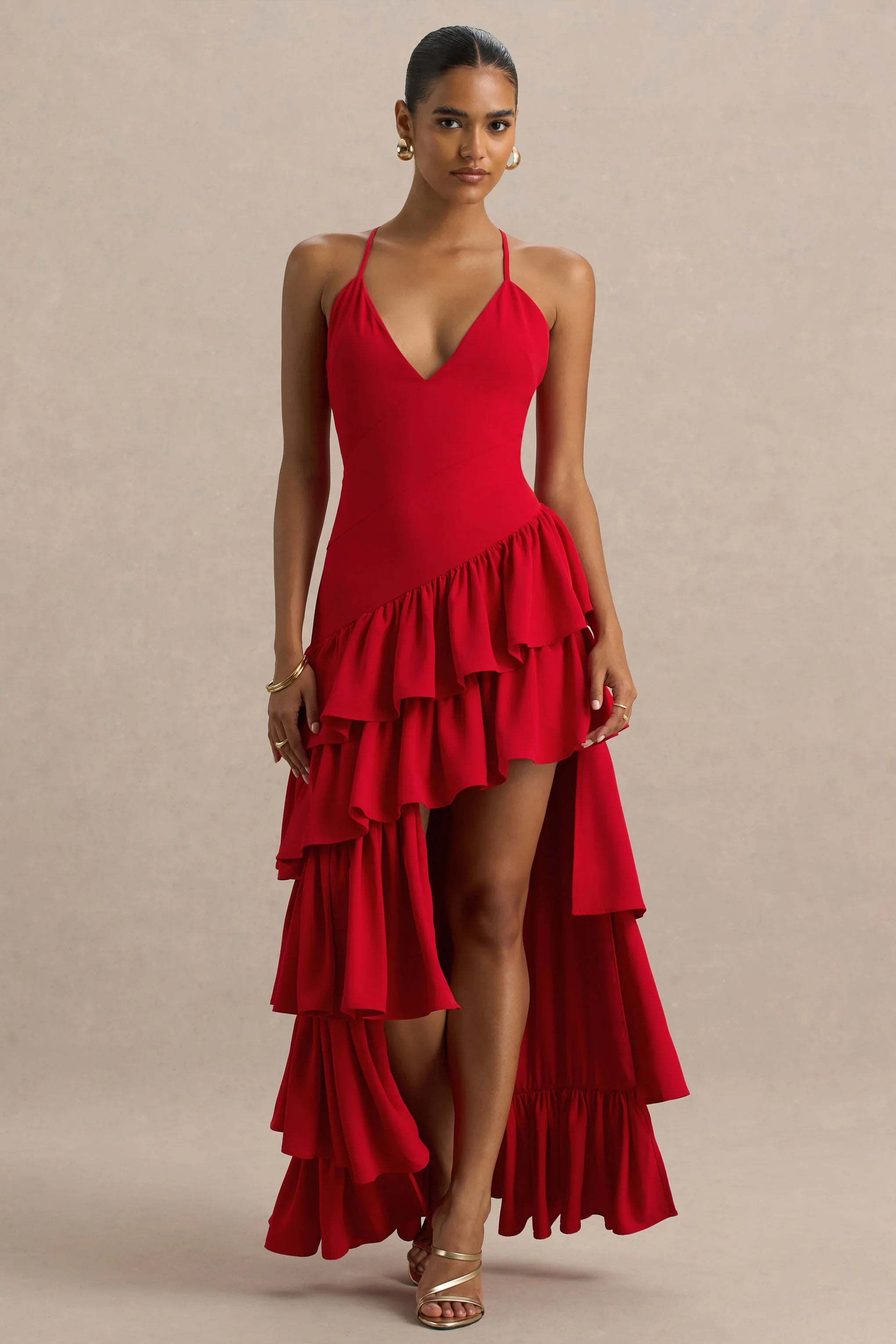 Bogota Red Plunge Neck Maxi Dress With Ruffling Details And Front High Split