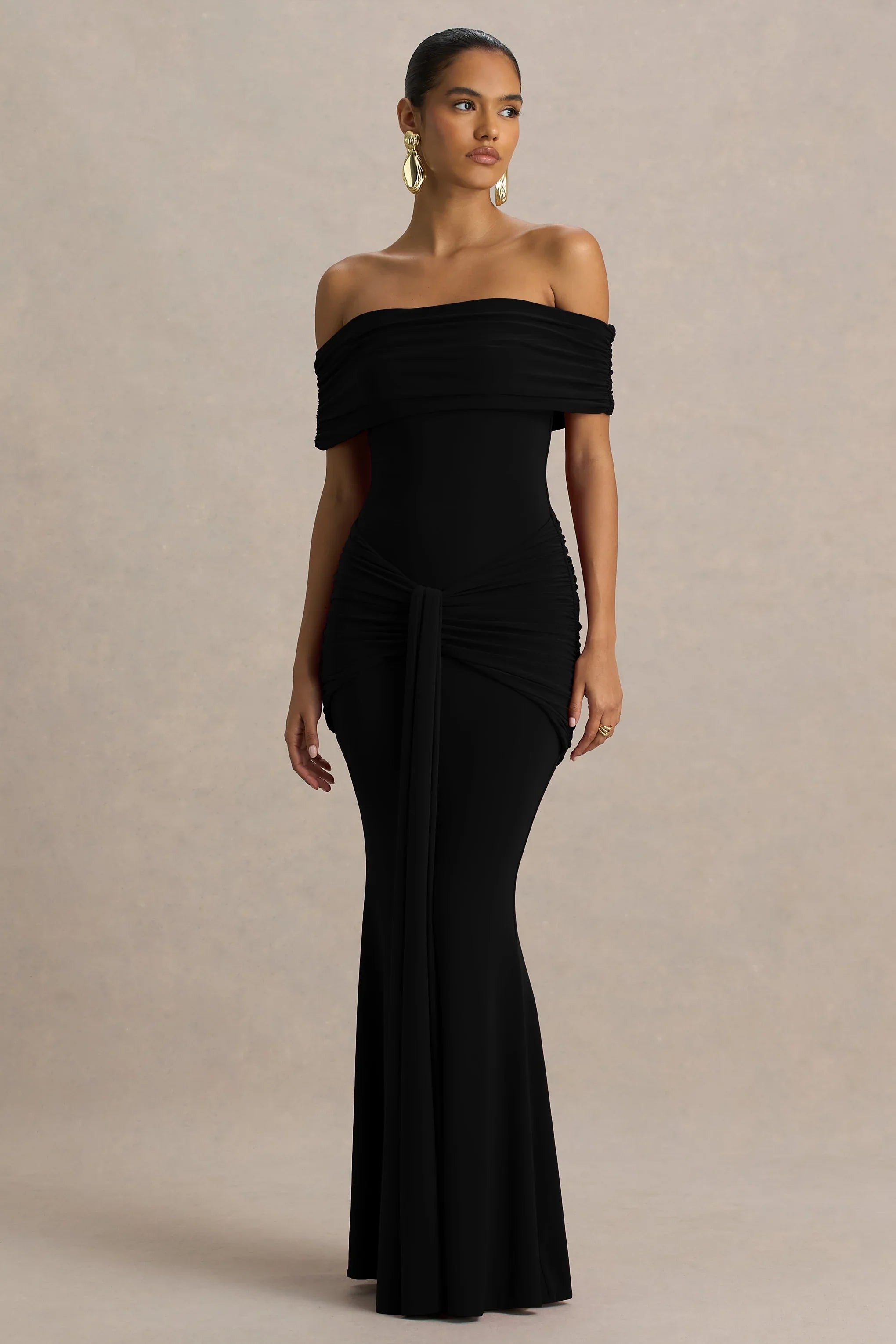 Envisioned Black Bardot Neck Maxi Dress With Gathered And Drape Detail