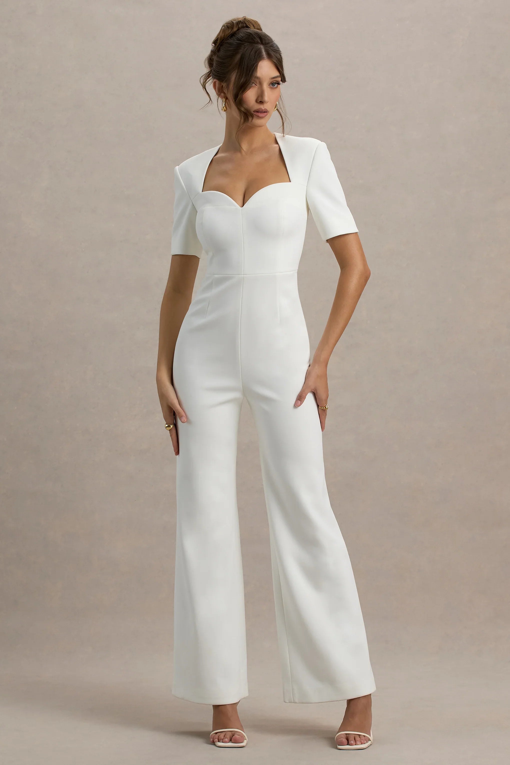 Simone White Sweetheart Short Sleeve Wide Leg Jumpsuit