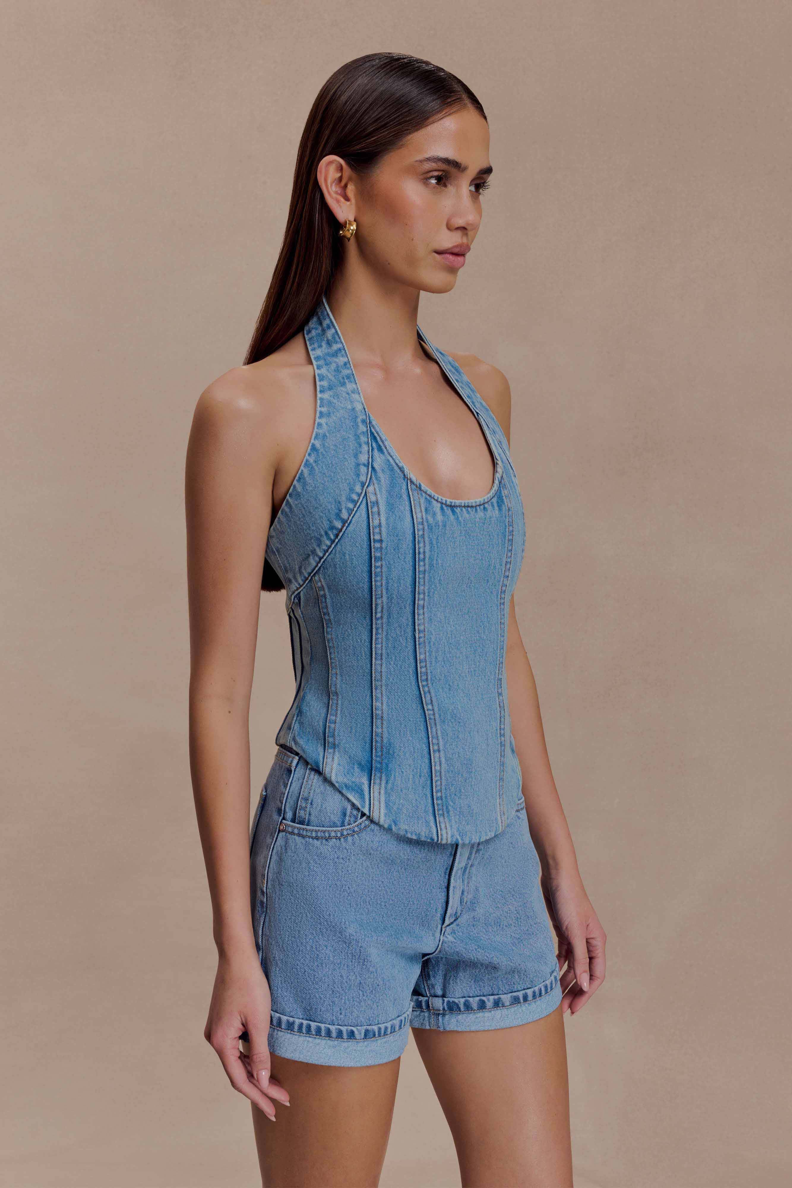 Meadow Denim Corset Halter Top Classic Blue