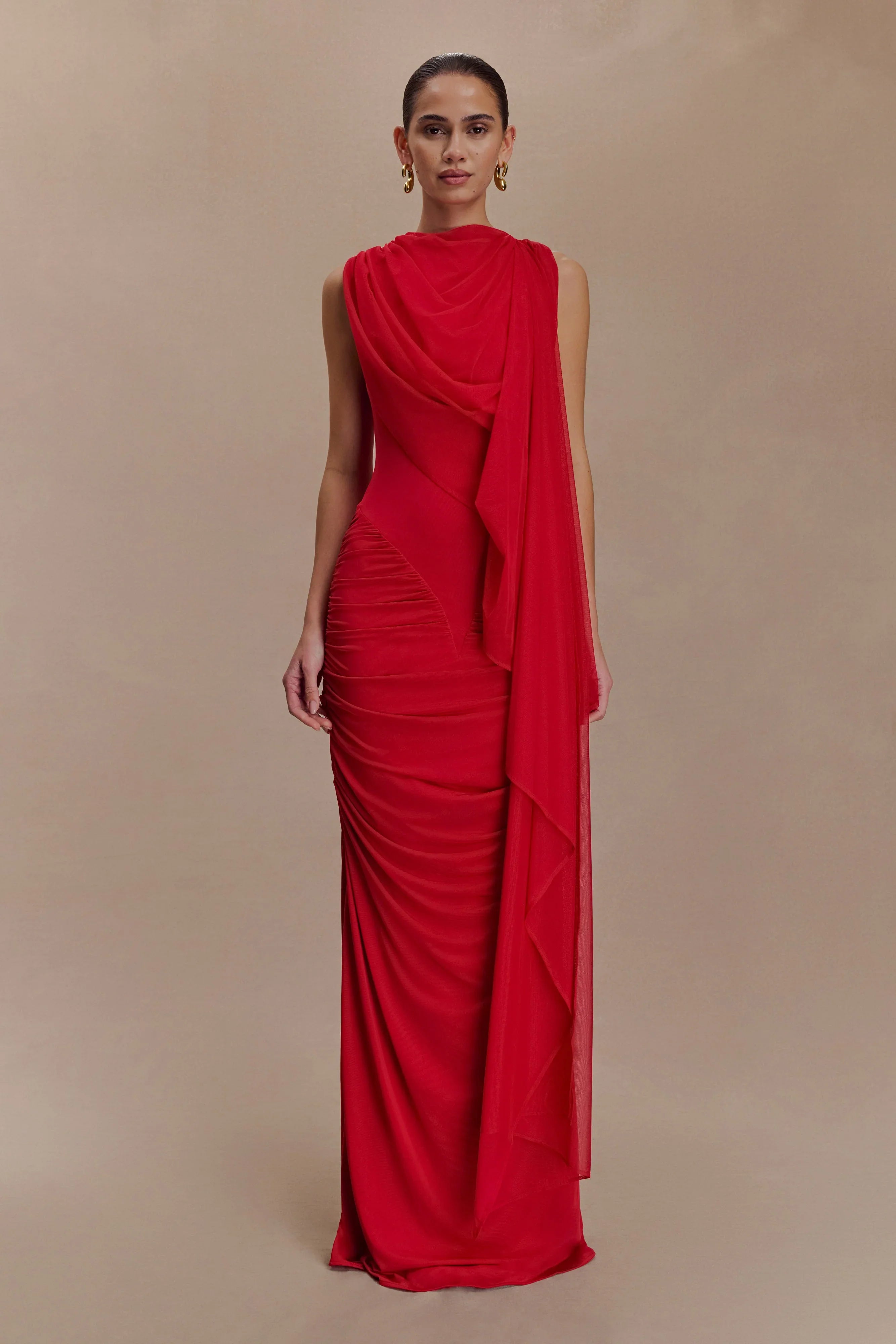 Amandine Ruched Slinky Maxi Dress Ruby