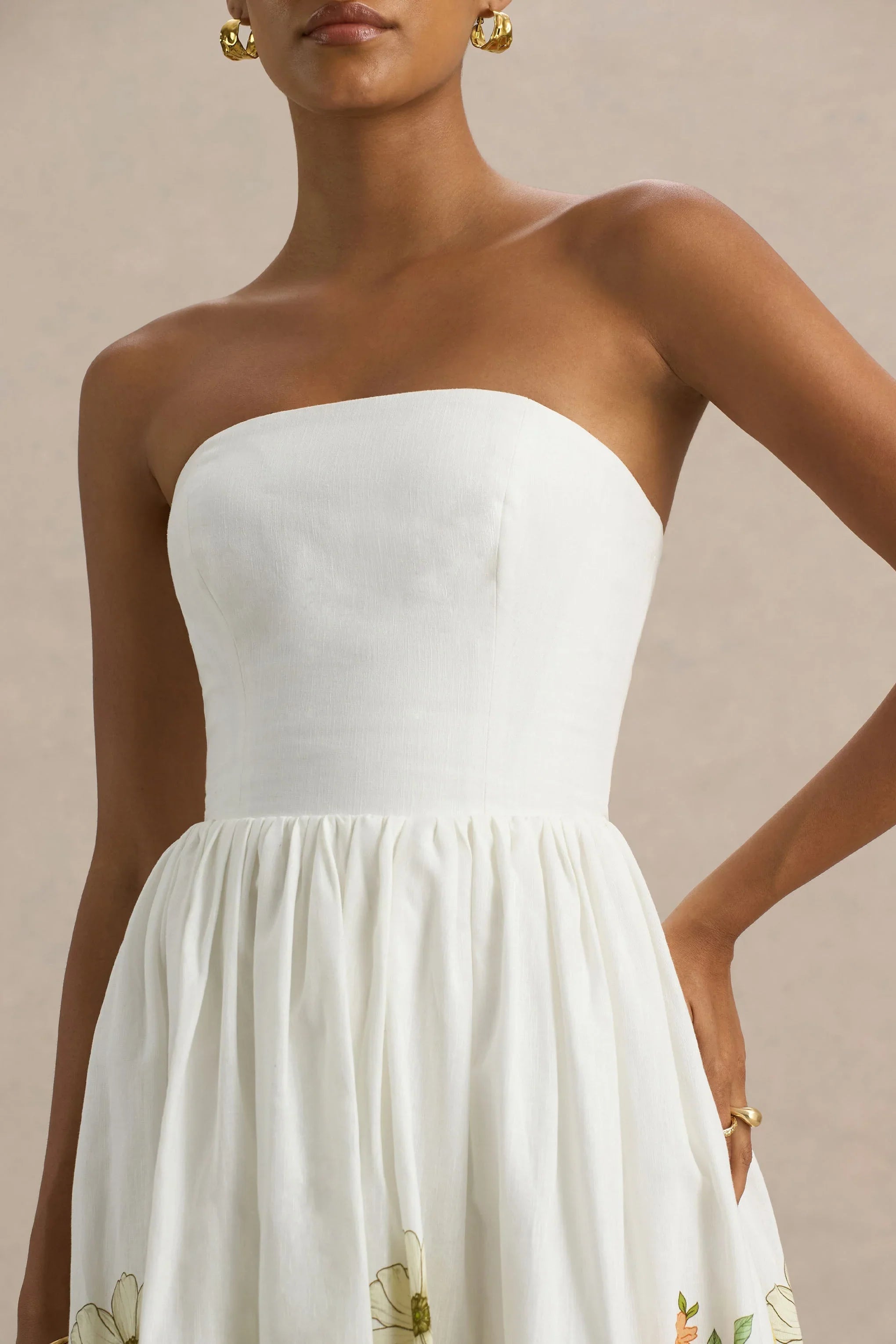 Ivory Sunflower Print Bandeau High Low Midi Dress