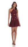 Floral Beaded Halter Dress in Burgundy
